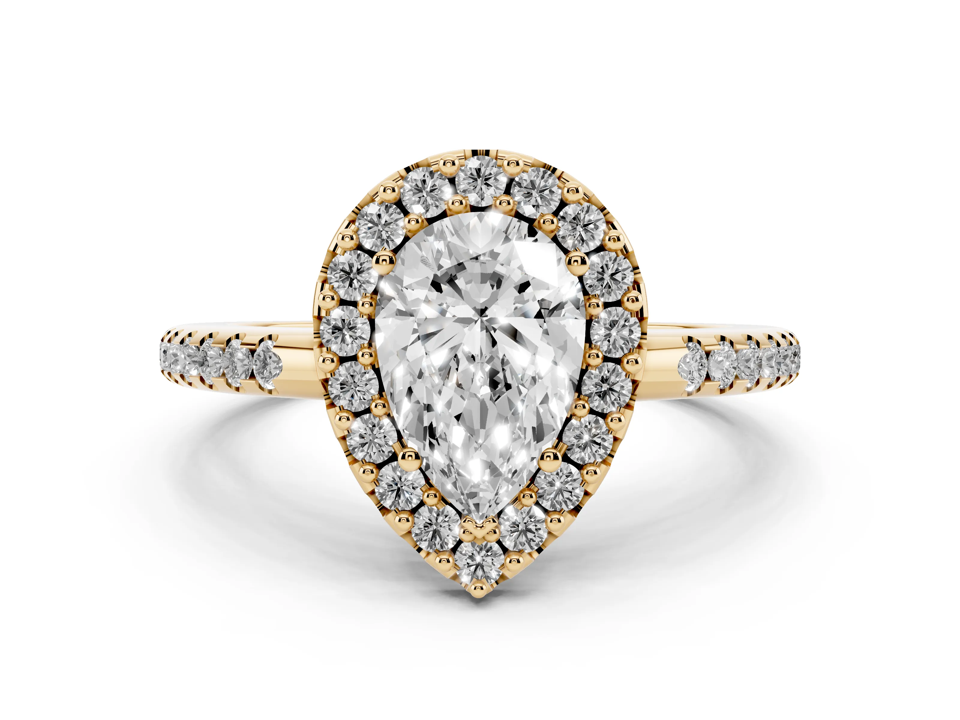 Pear Cut Diamond Pavé Halo Ring Set in Yellow gold with Prong Setting