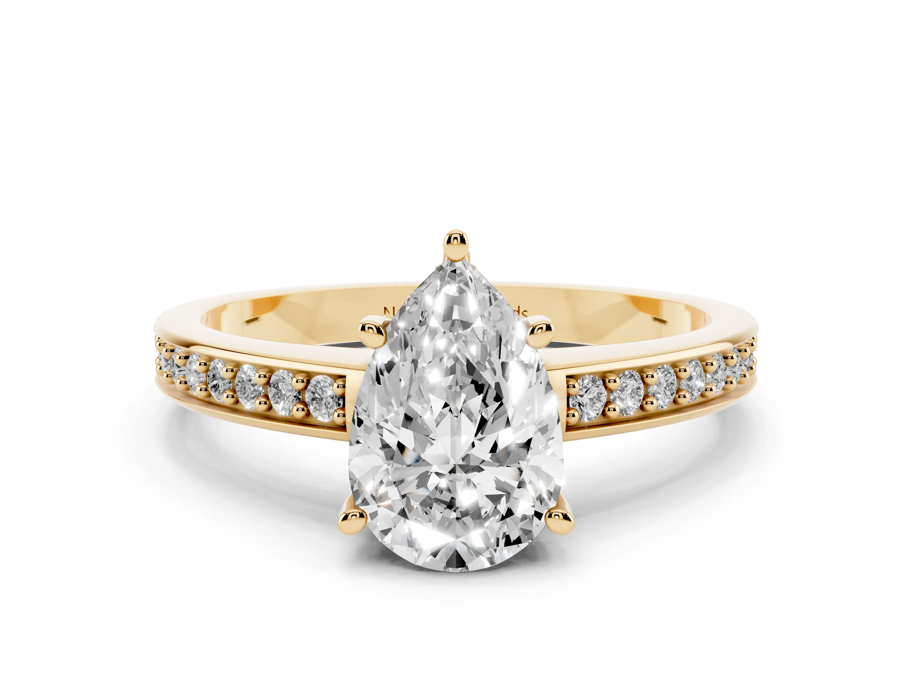 Pear Cut Diamond Pavé Band Prong Set Solitaire Ring Set in Yellow gold