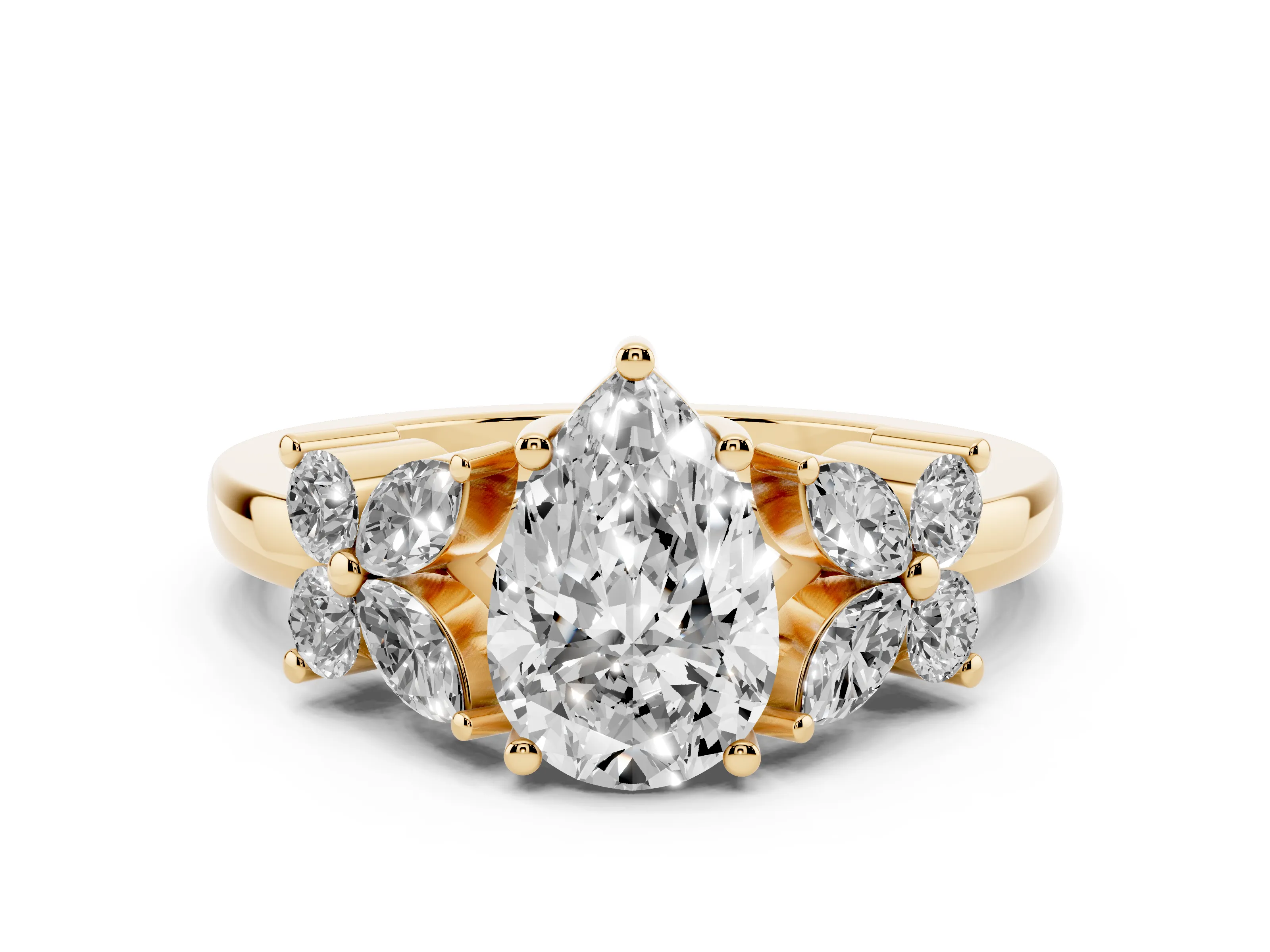 Pear Cut Diamond Floral Cluster Ring Set in Yellow gold with Marquise Petals and Prong Setting