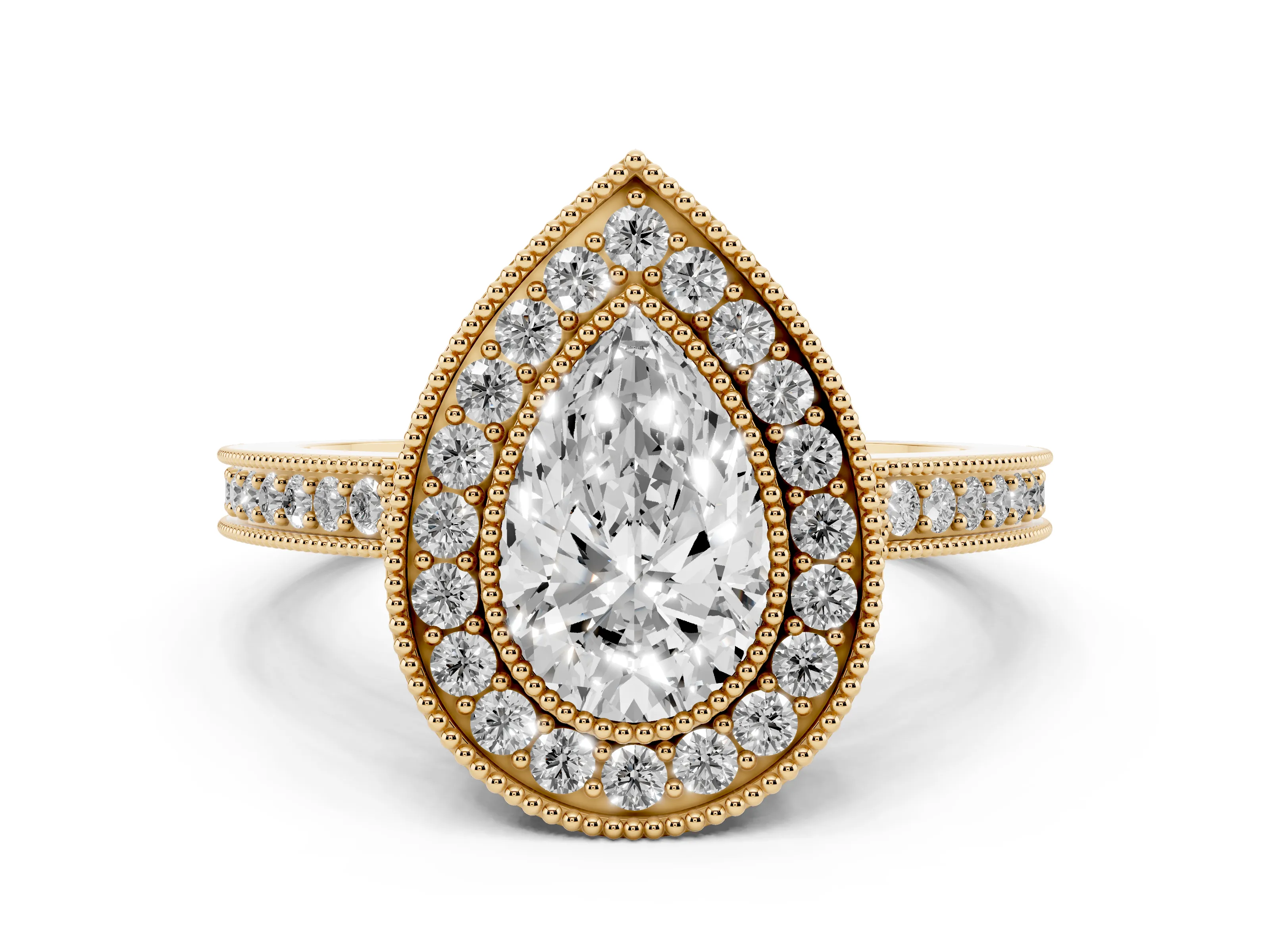 Pear Cut Diamond Round Halo Ring Set in Yellow gold with Pavé Band
