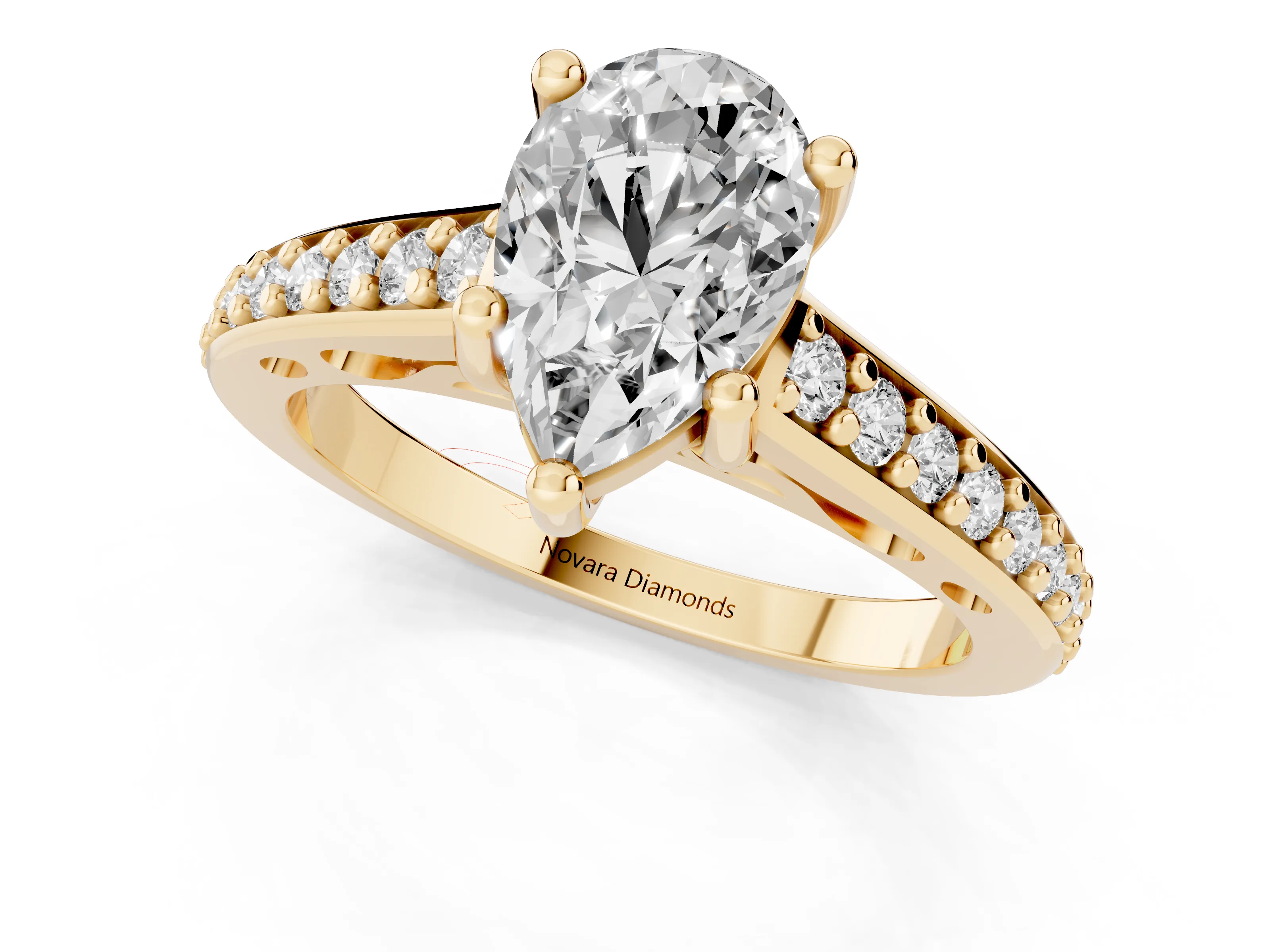 Pear Cut Diamond Prong Set Solitaire Engagement Ring Set in Yellow gold with Pavé Band