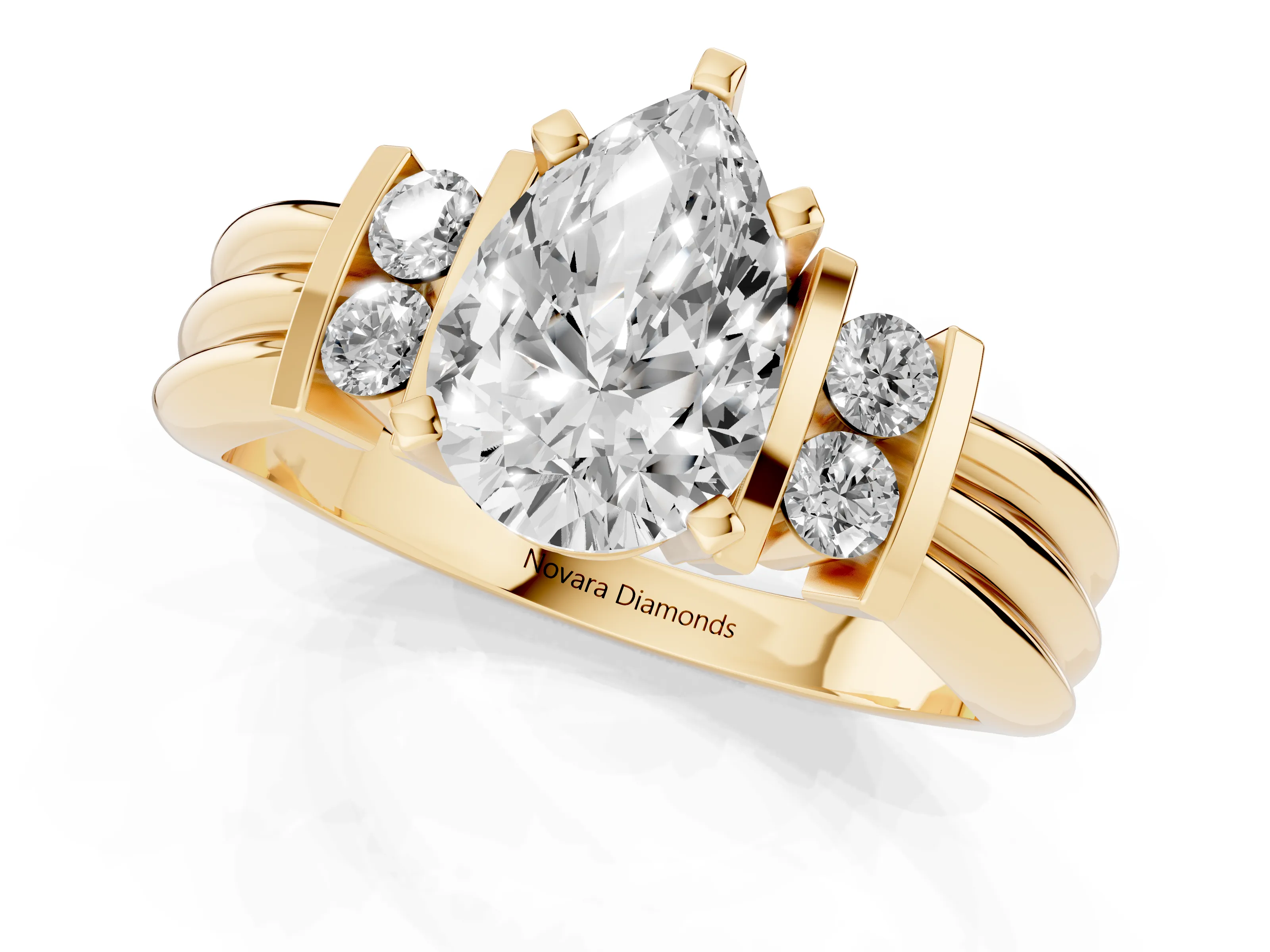 Three-Stone Pear Cut Diamond Channel Set Ring Set in Yellow gold with Bar Prongs