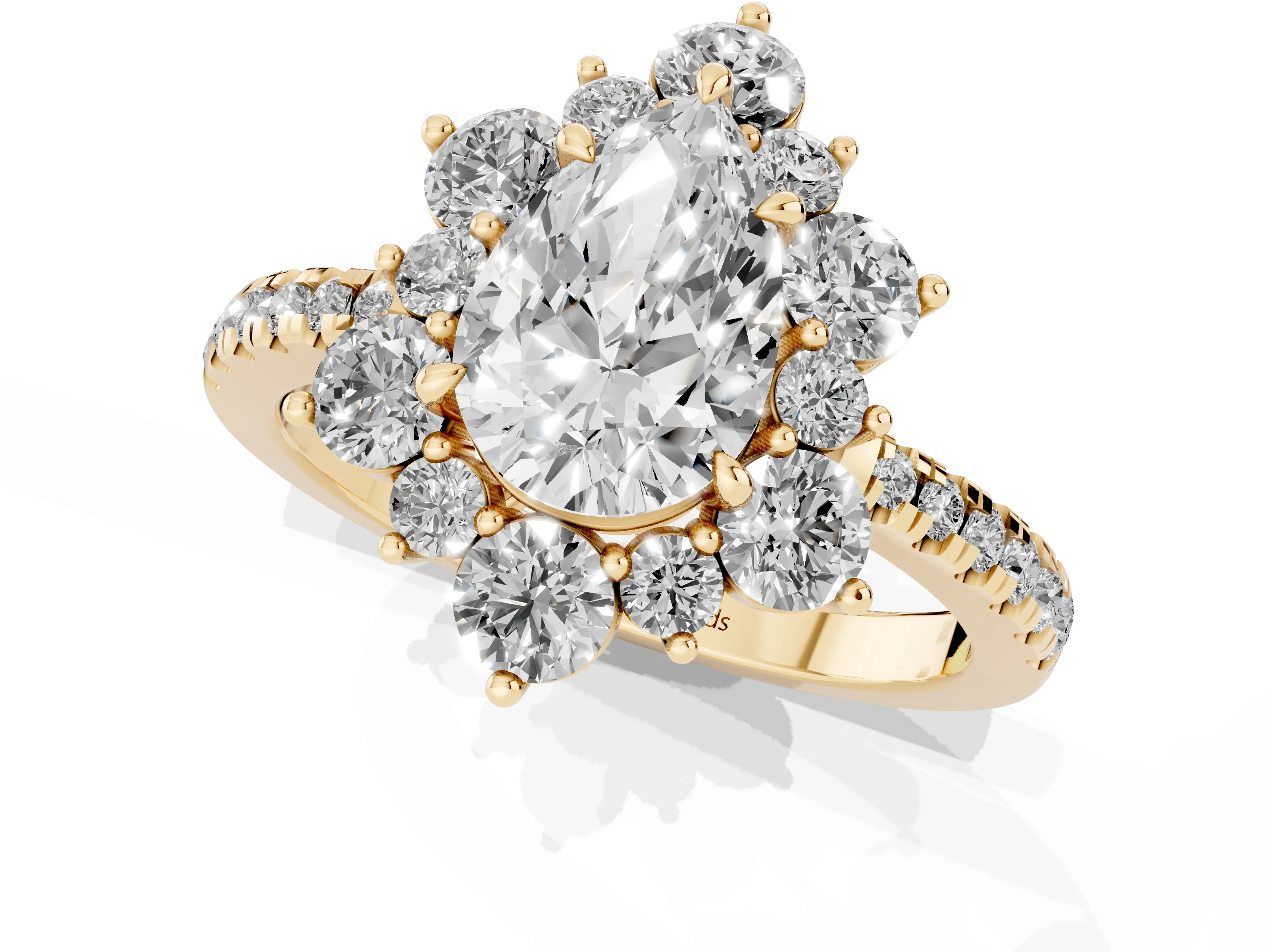 Pear Cut Diamond Floral Halo Ring Set in Yellow gold with Round Pavé Band and Prong Setting