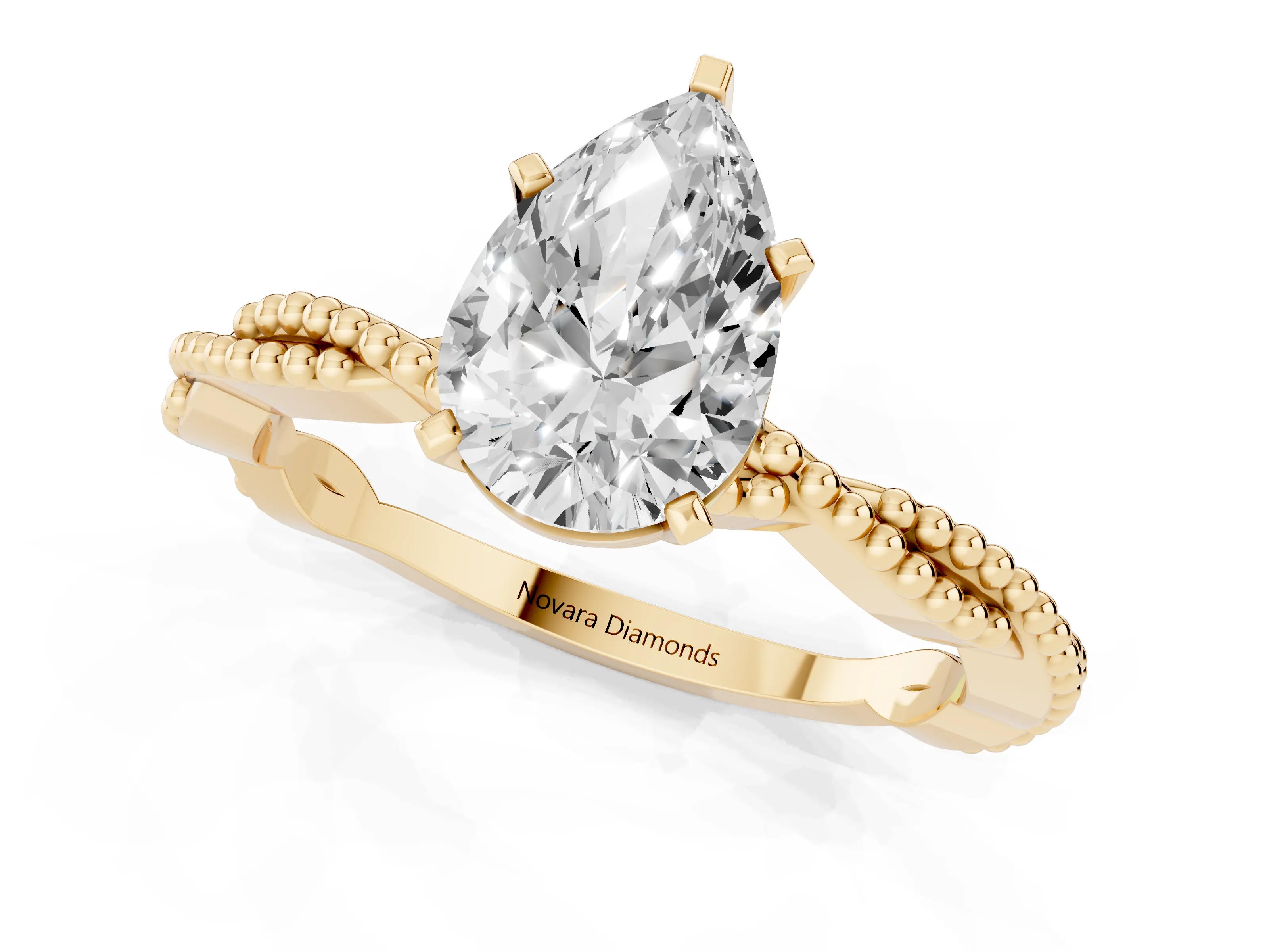 Pear Cut Diamond Solitaire Ring Set in Yellow gold with Twisted Band and Bead Prong Setting