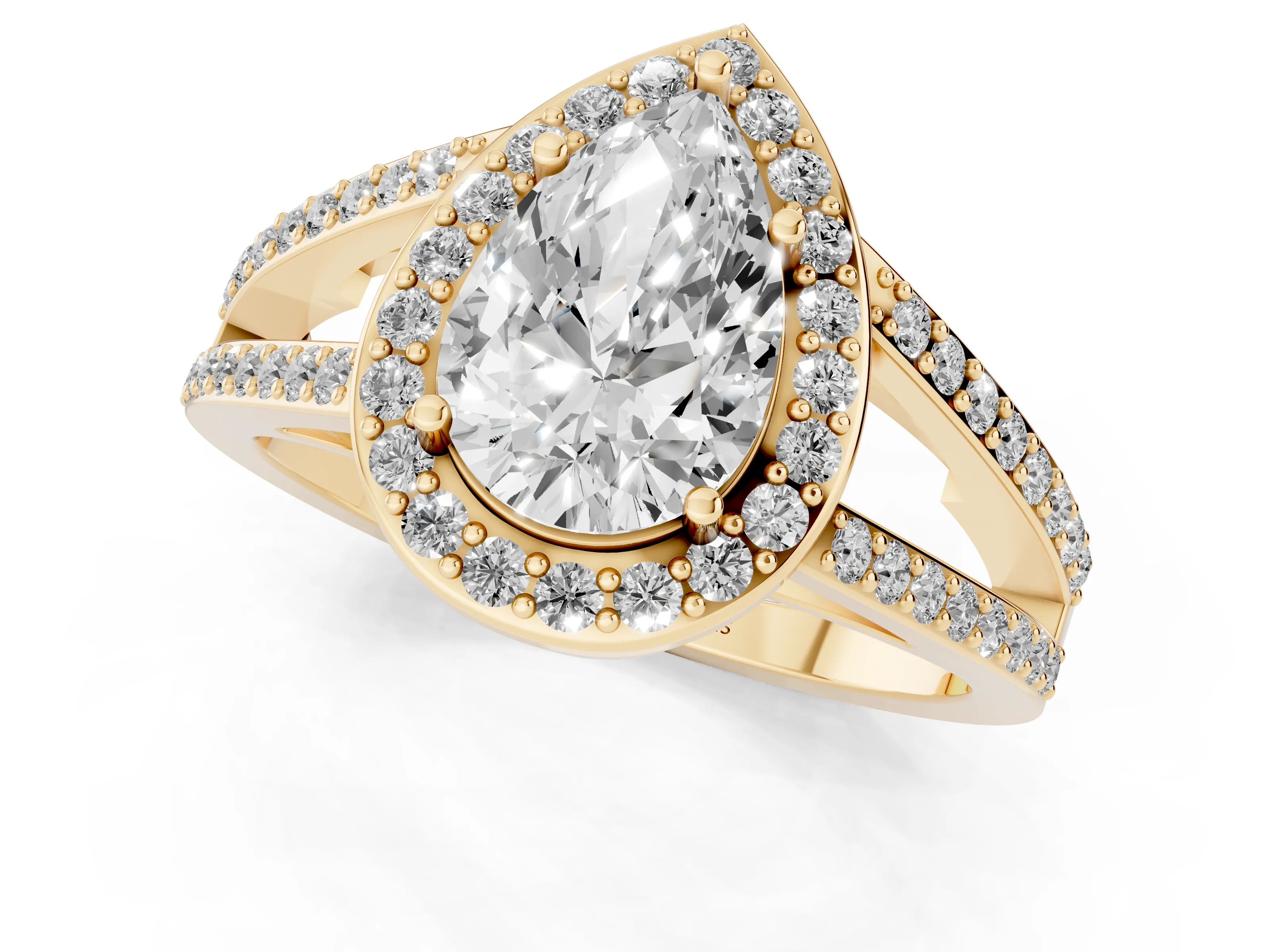 Pear Cut Diamond Halo Ring Set in Yellow gold with U-Prong Split Shank and Prong Setting