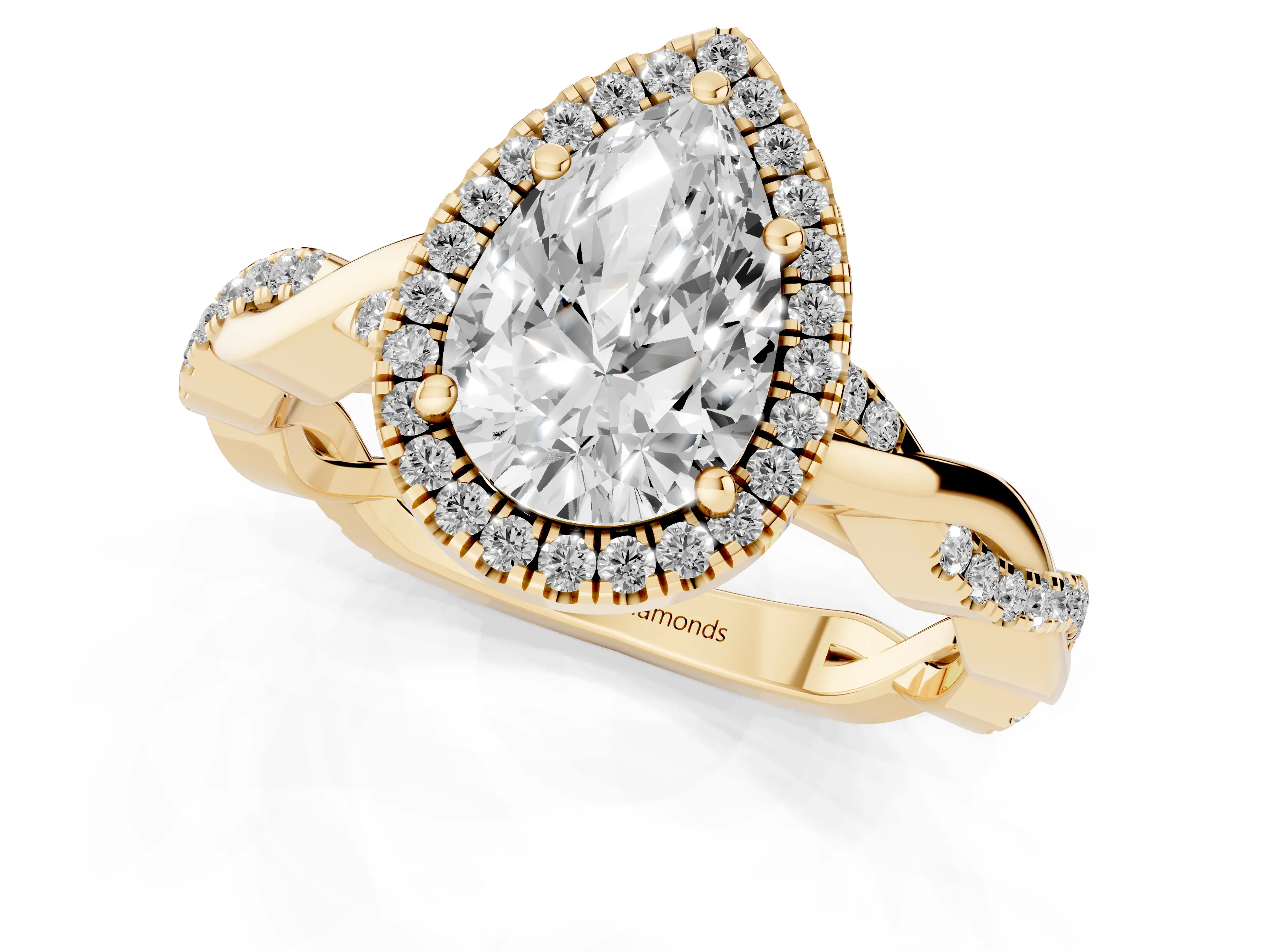 Pear Cut Diamond Halo Twisted Band Ring Set in Yellow gold with Prong Setting