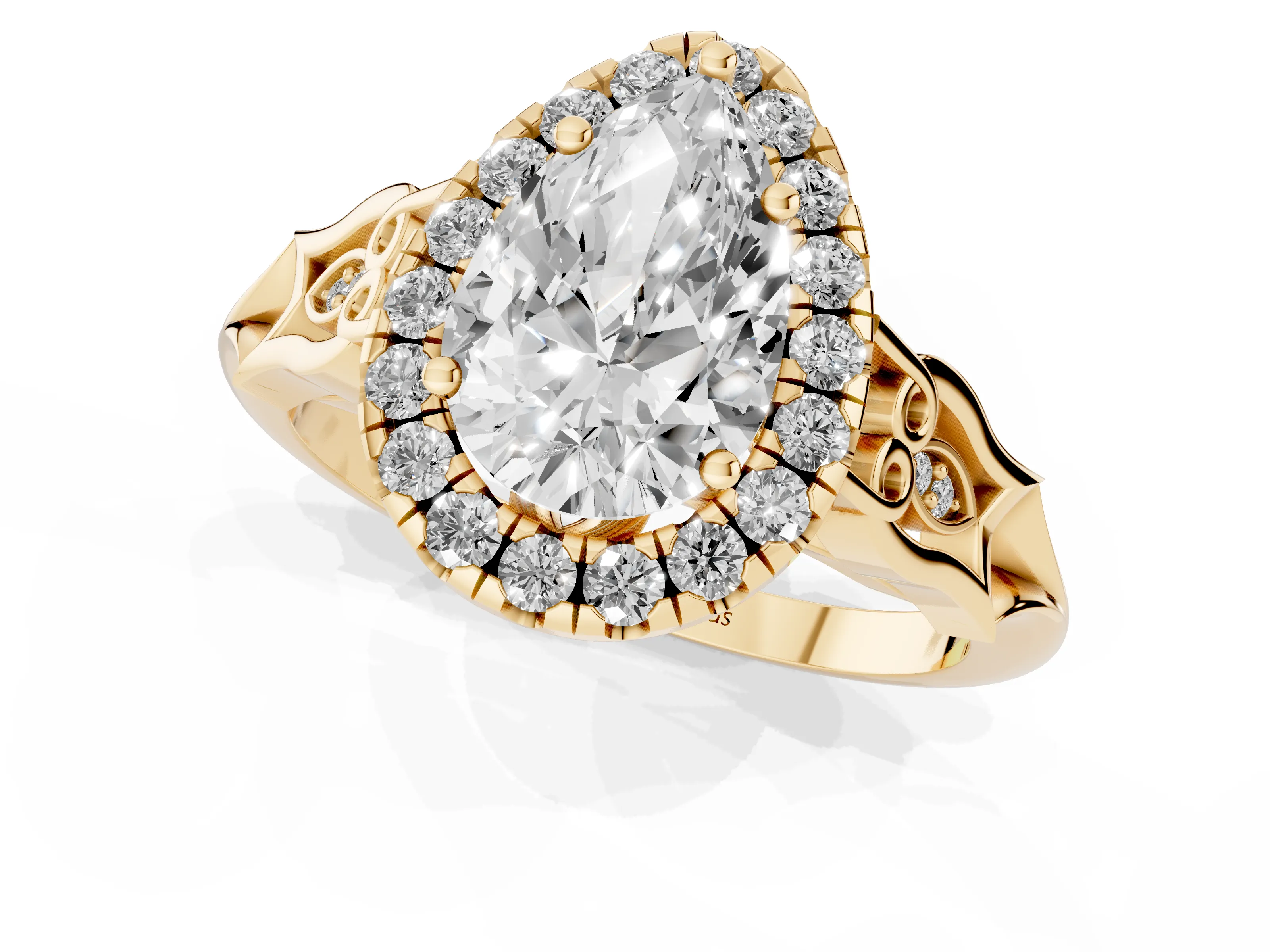 Pear Cut Diamond Halo Engagement Ring Set in Yellow gold with Filigree Band and Prong-Set Center