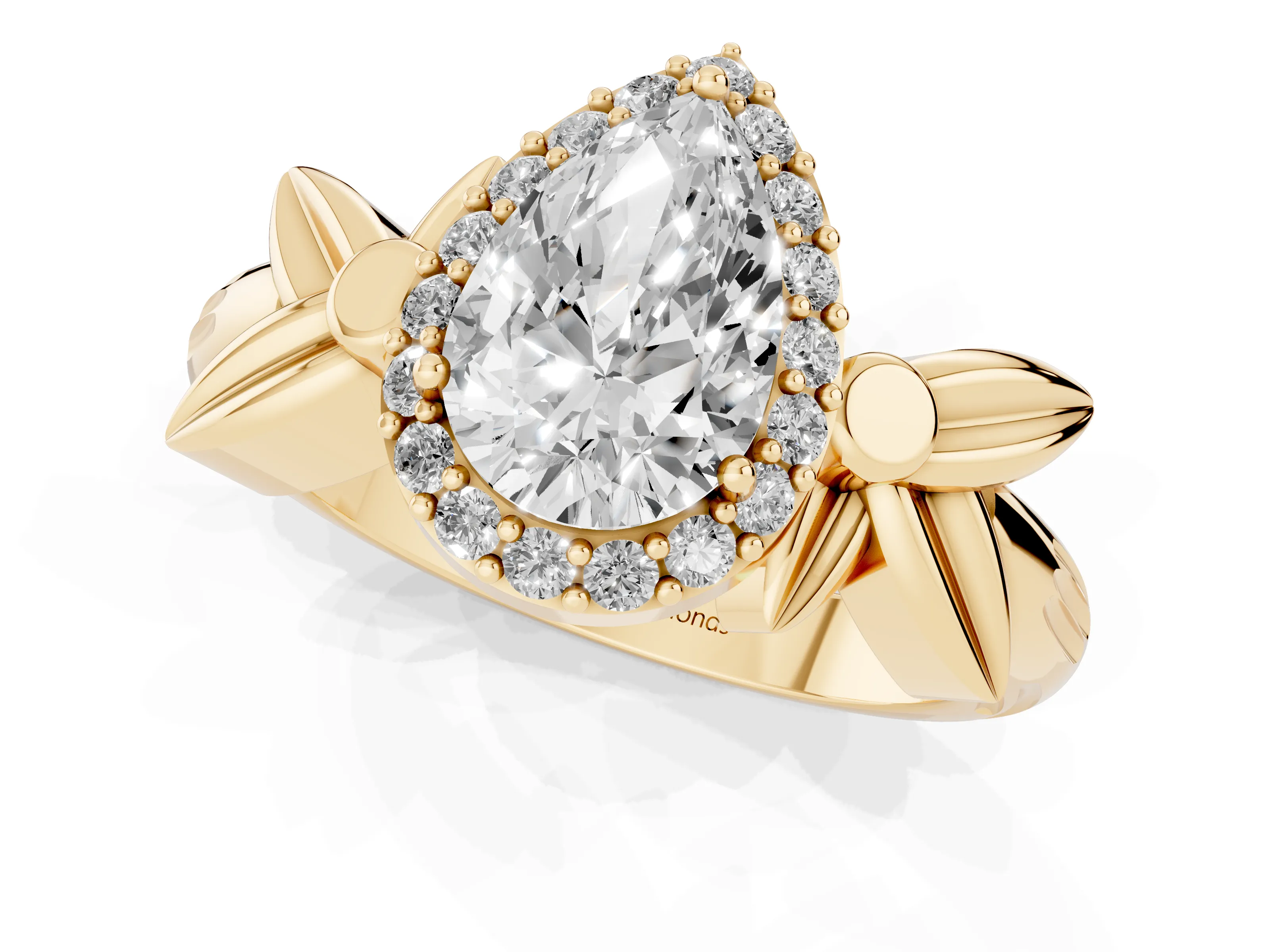 Pear Cut Diamond Halo Floral Band Ring Set in Yellow gold with Prong Setting