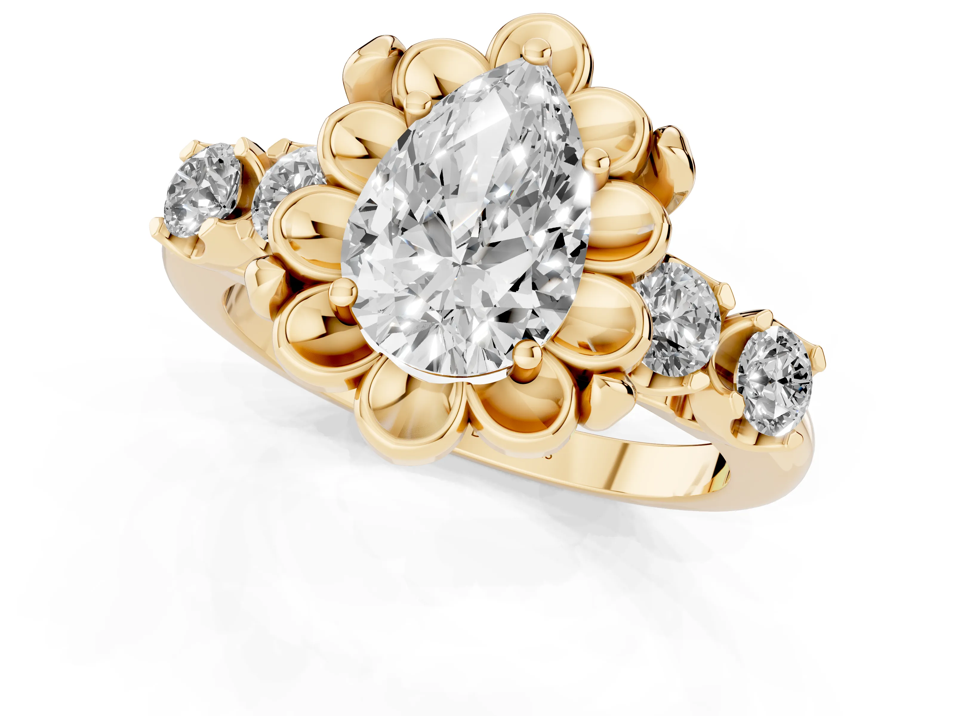 Pear Cut Diamond Floral Halo Ring Set in Yellow gold with Shared Prong Band