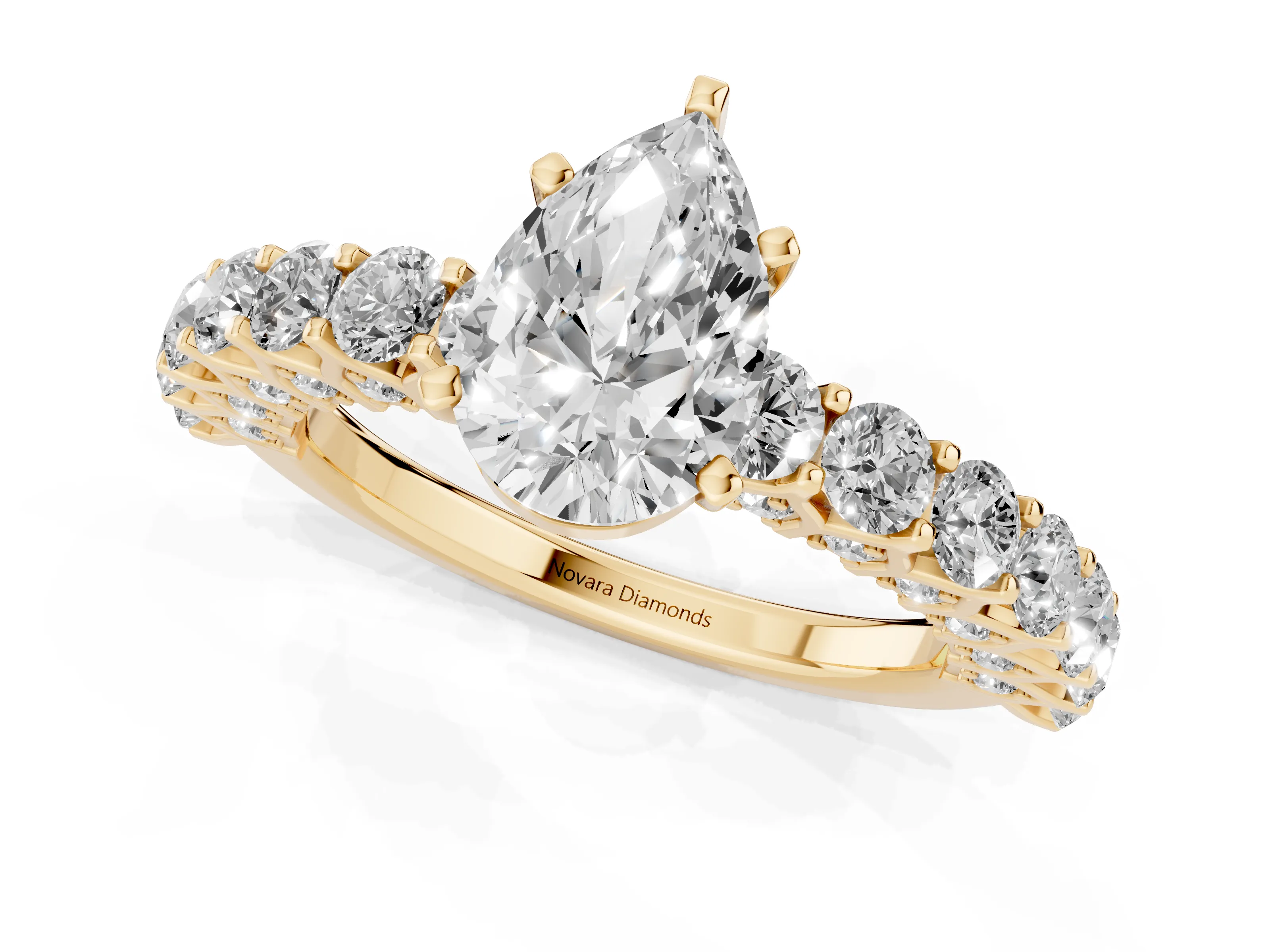 Pear Cut Diamond Solitaire Ring Set in Yellow gold with Shared Prong Pavé Band