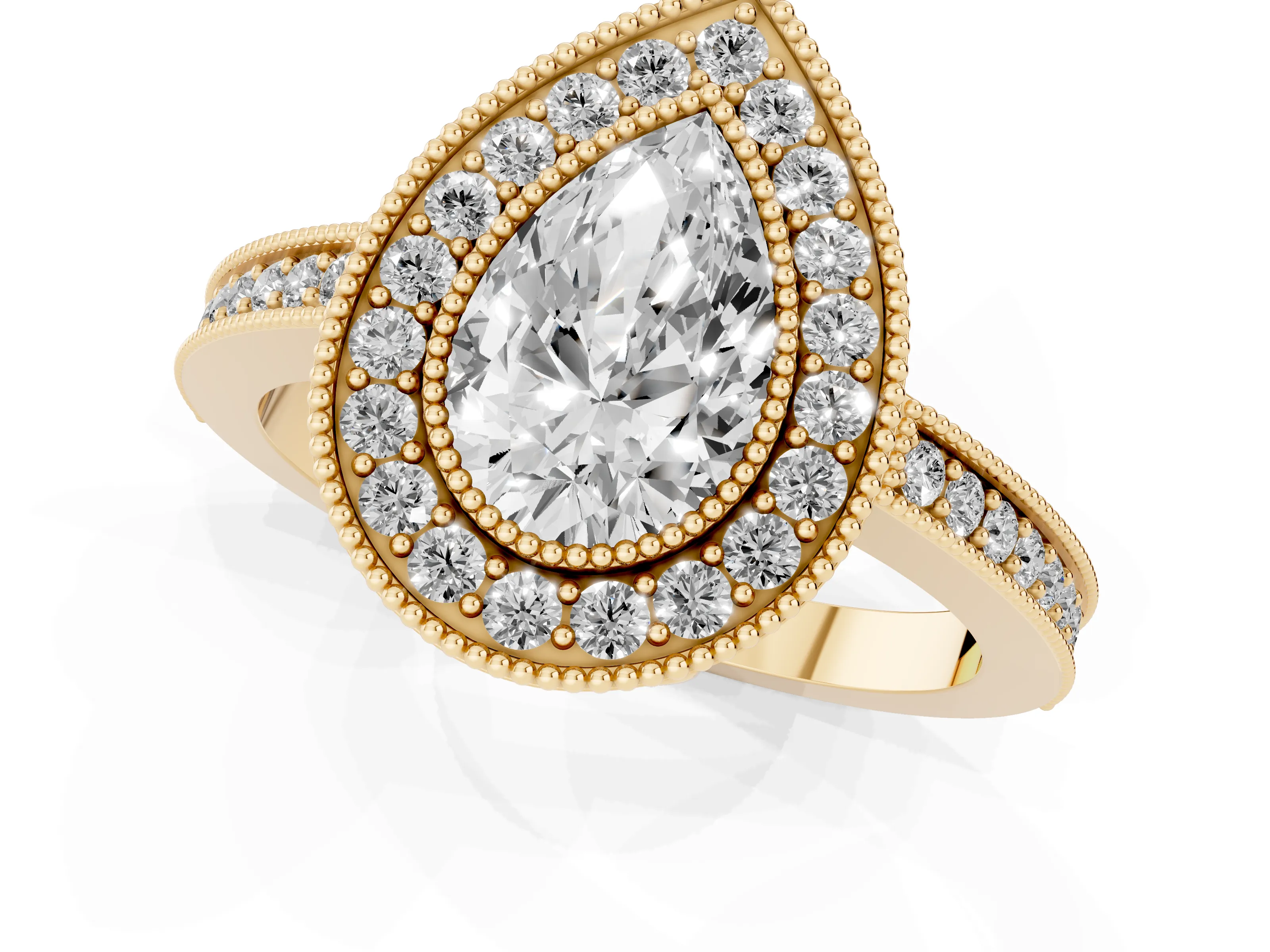 Pear Cut Diamond Round Halo Ring Set in Yellow gold with Pavé Band