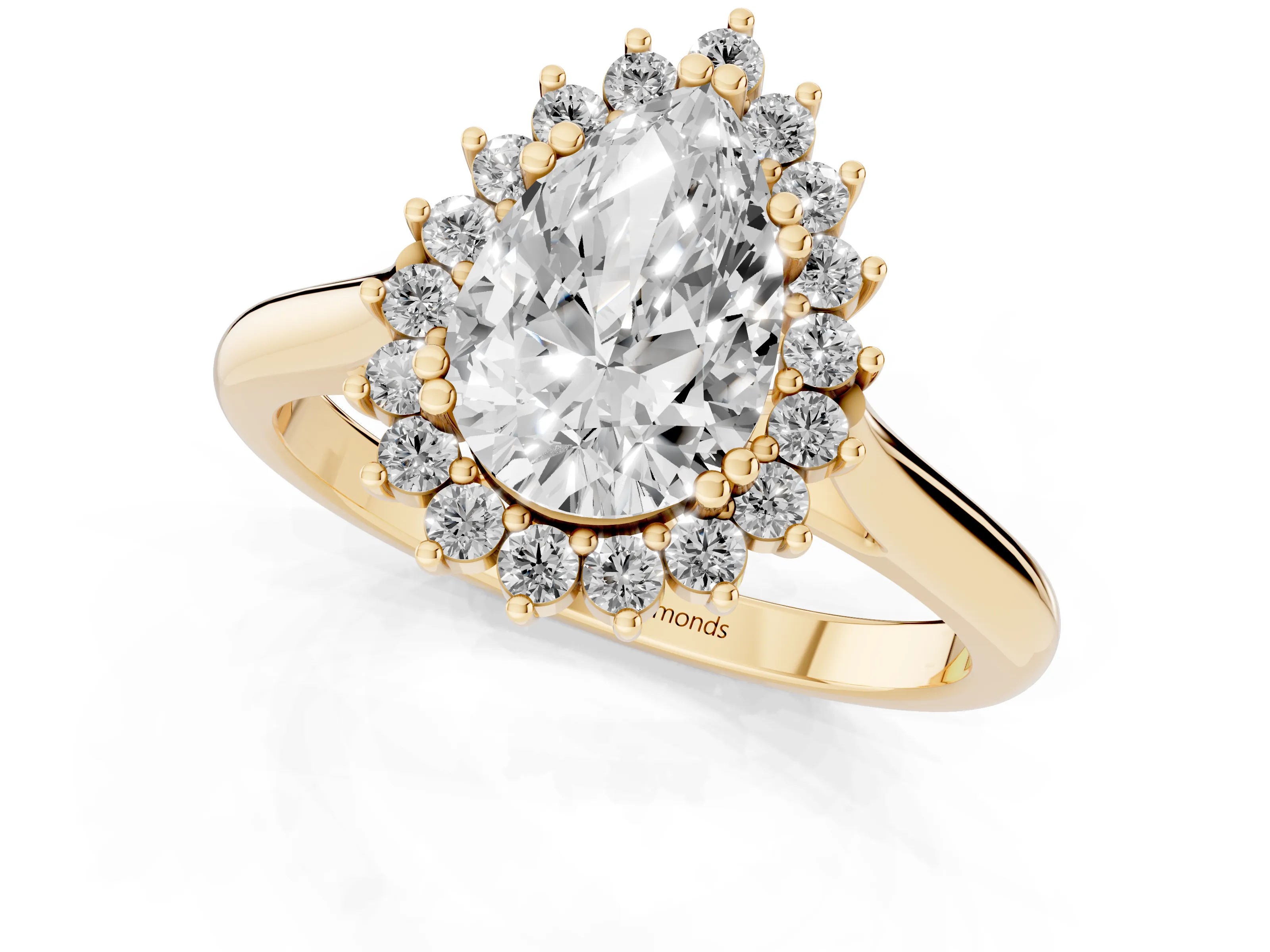 Pear Cut Diamond Halo Ring Set in Yellow gold with Plain Solitaire Band and Prong Setting