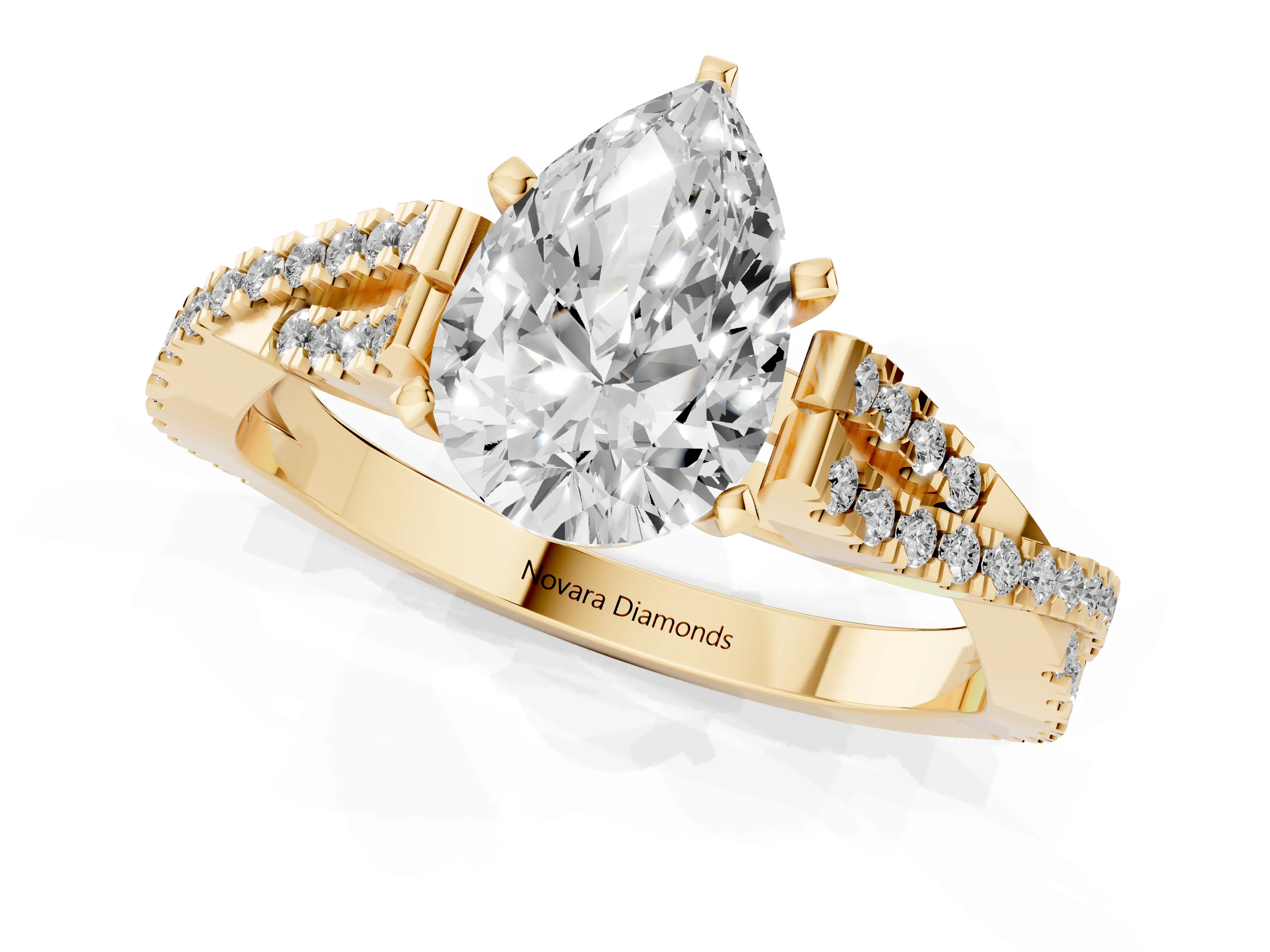 Pear Cut Diamond Solitaire Engagement Ring Set in Yellow gold with Twisted Pavé Band and Prong Setting