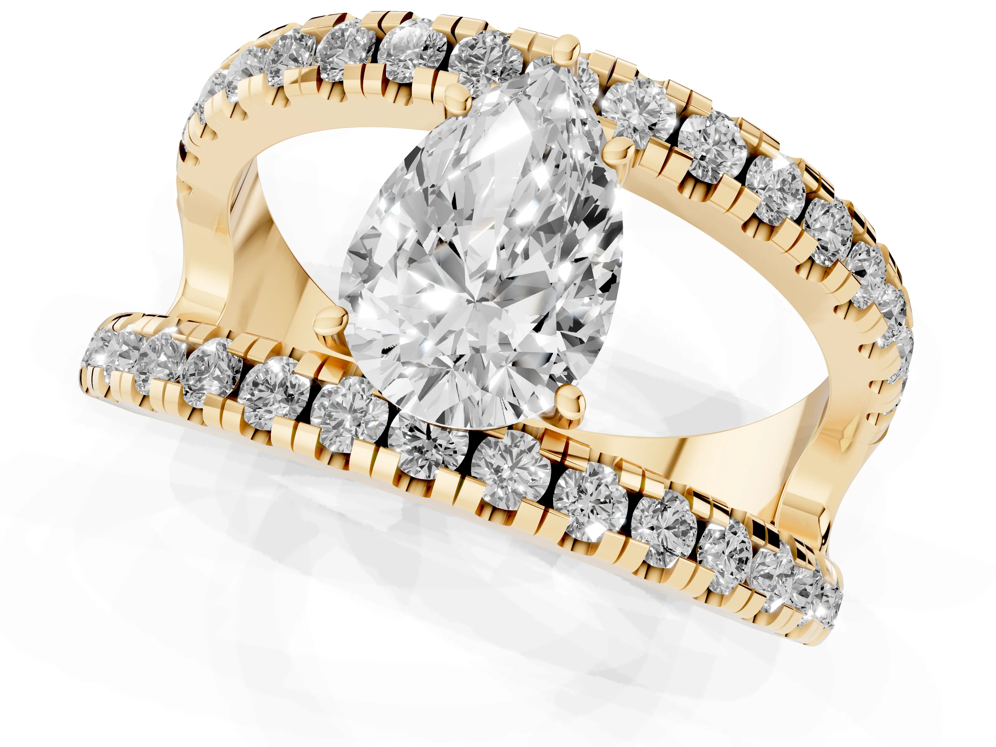 Pear Cut Diamond Split Shank Pavé Solitaire Ring Set in Yellow gold with Open Shank Design