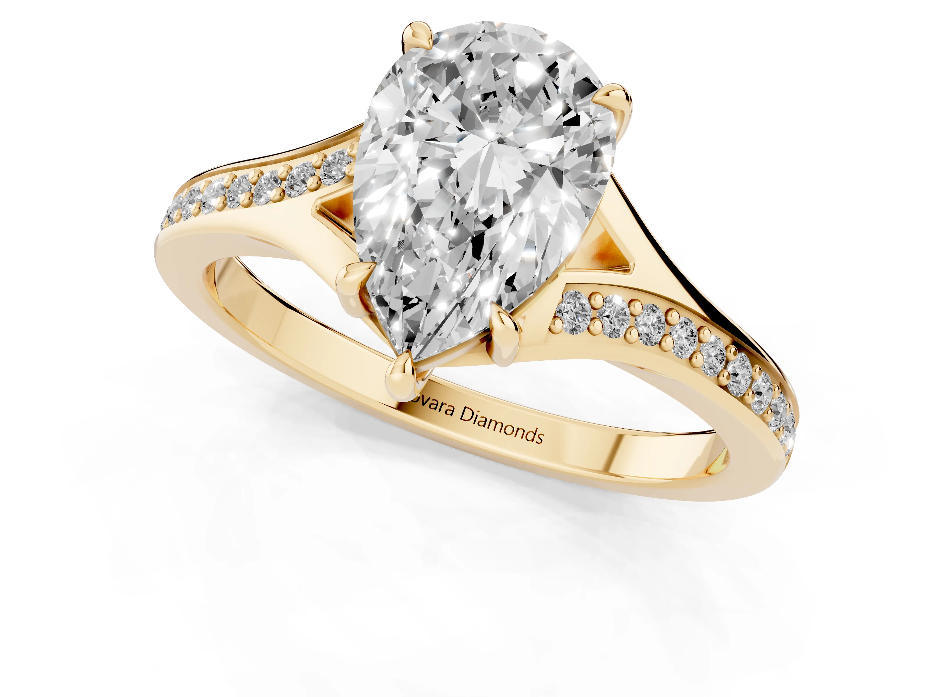 Pear Cut Diamond Solitaire Ring Set in Yellow gold with Pavé Accent Band and Classic Prong Setting