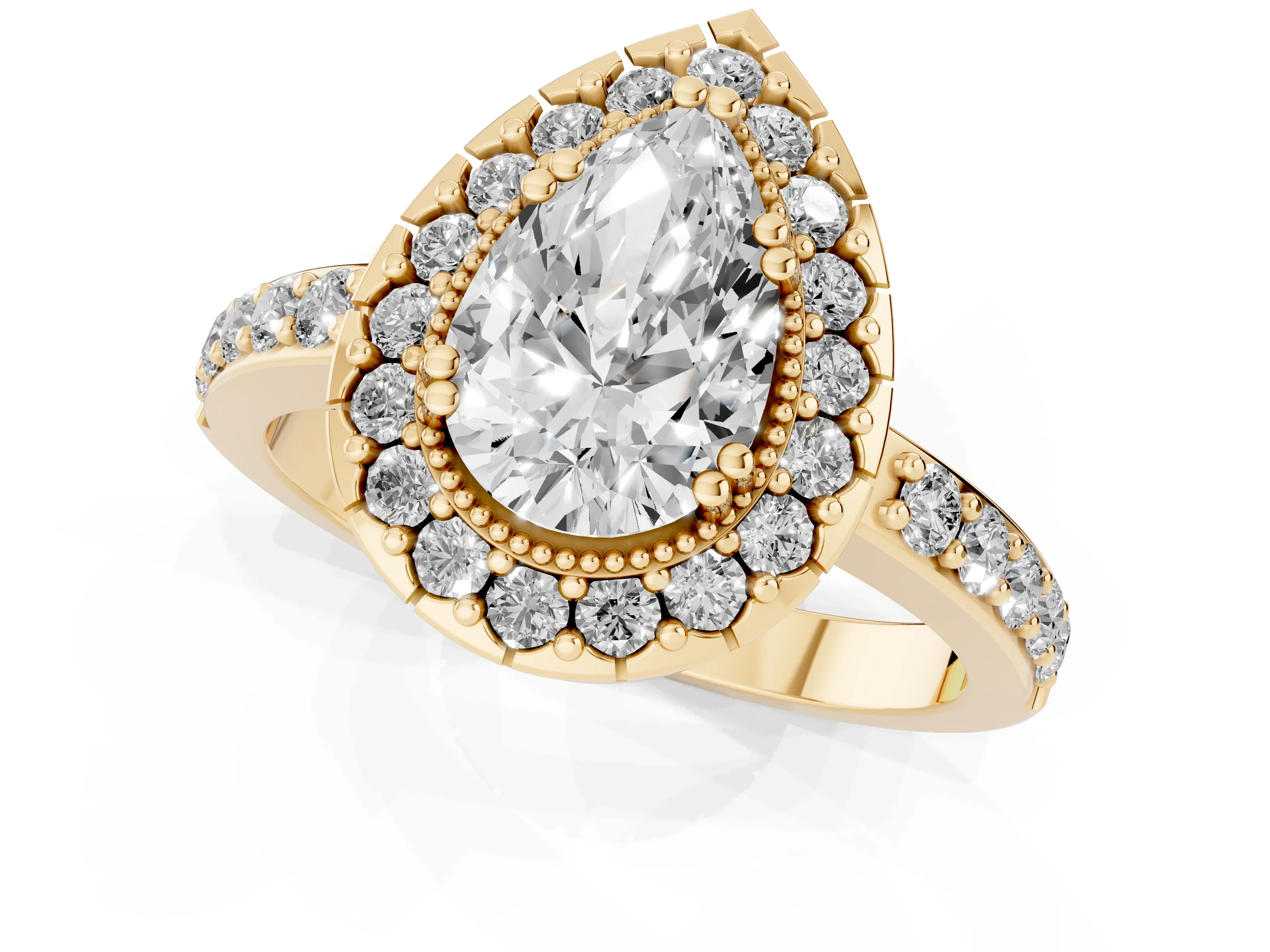 Pear Cut Diamond Halo Ring Set in Yellow gold with Pavé Shank and Prong Setting