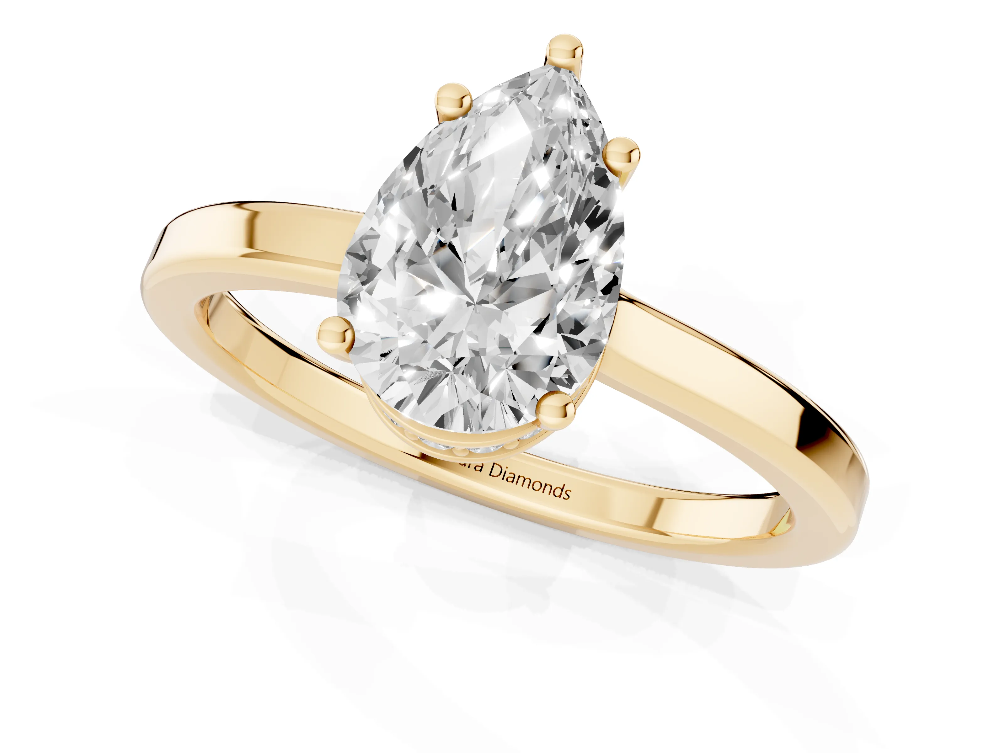 Pear Cut Diamond Solitaire Engagement Ring Set in Yellow gold with Prong Setting on a Plain Band
