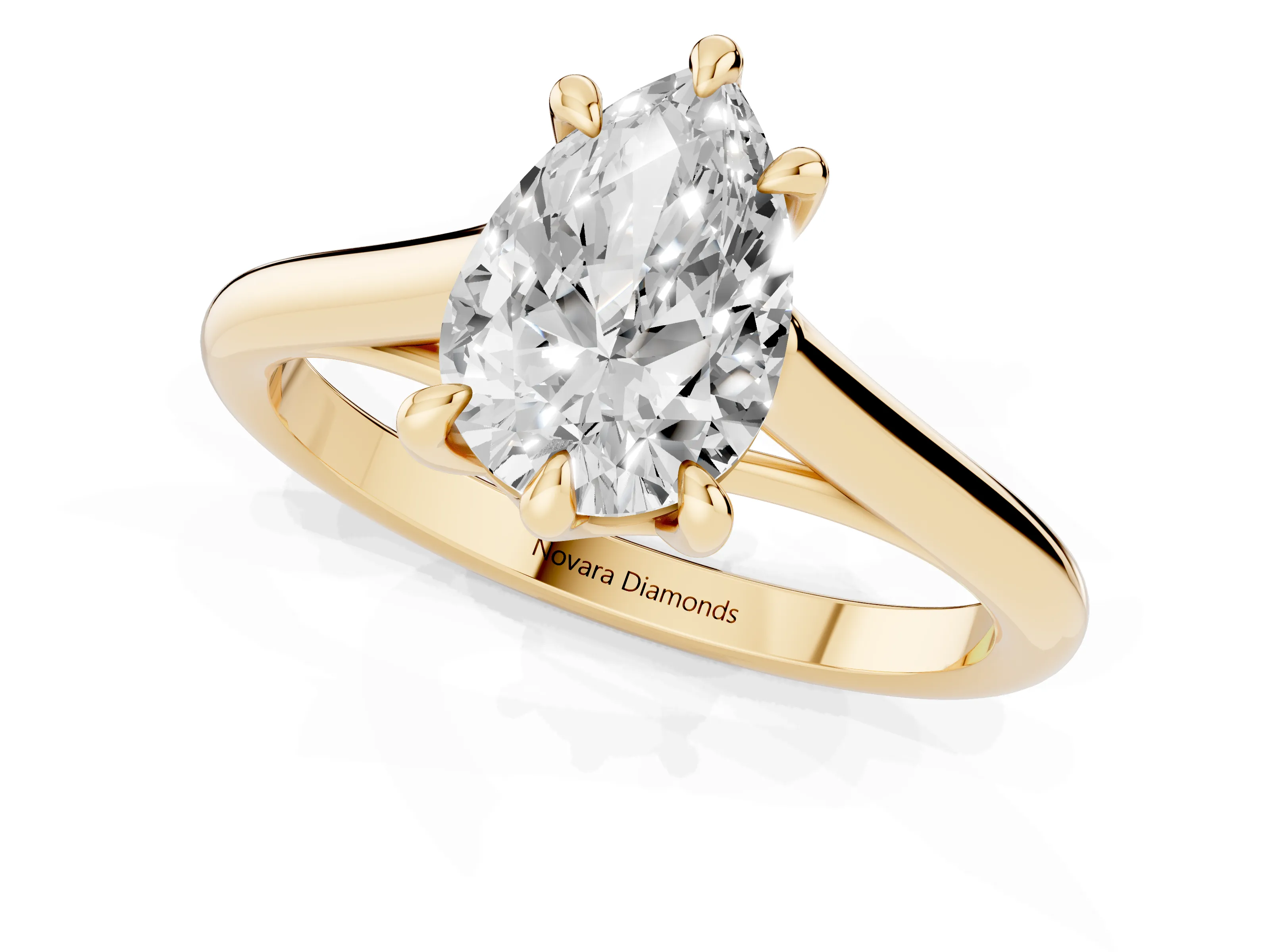 Pear Cut Diamond Solitaire Engagement Ring Set in Yellow gold with Prong Setting and Plain Classic Band