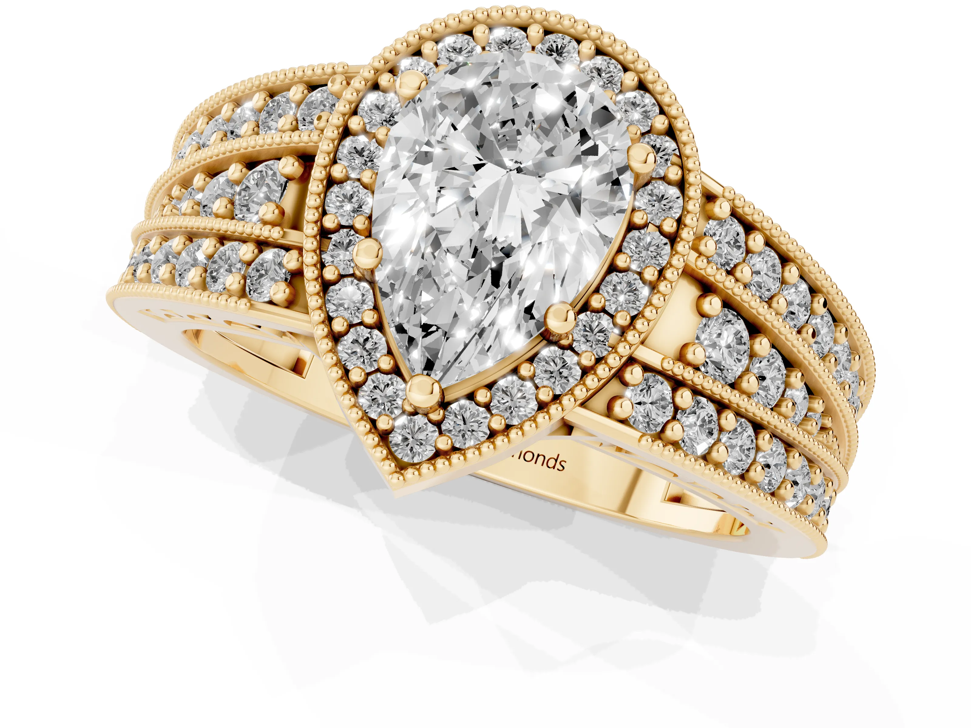 Pear Cut Diamond Halo Ring Set in Yellow gold with Accent Split Shank and Prong Setting