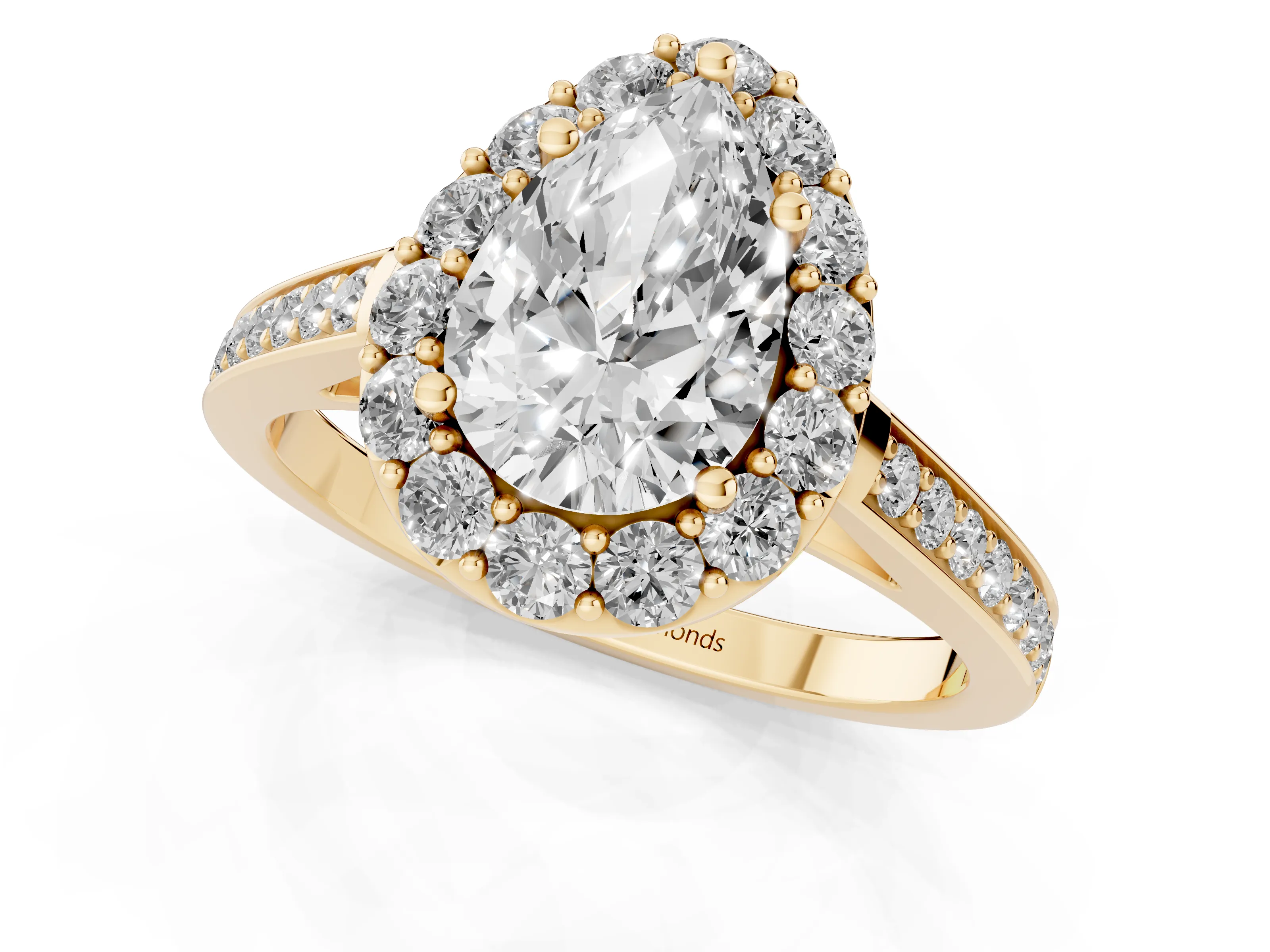 Pear Cut Diamond Floral Halo Ring Set in Yellow gold with Pavé Band and Prong Setting
