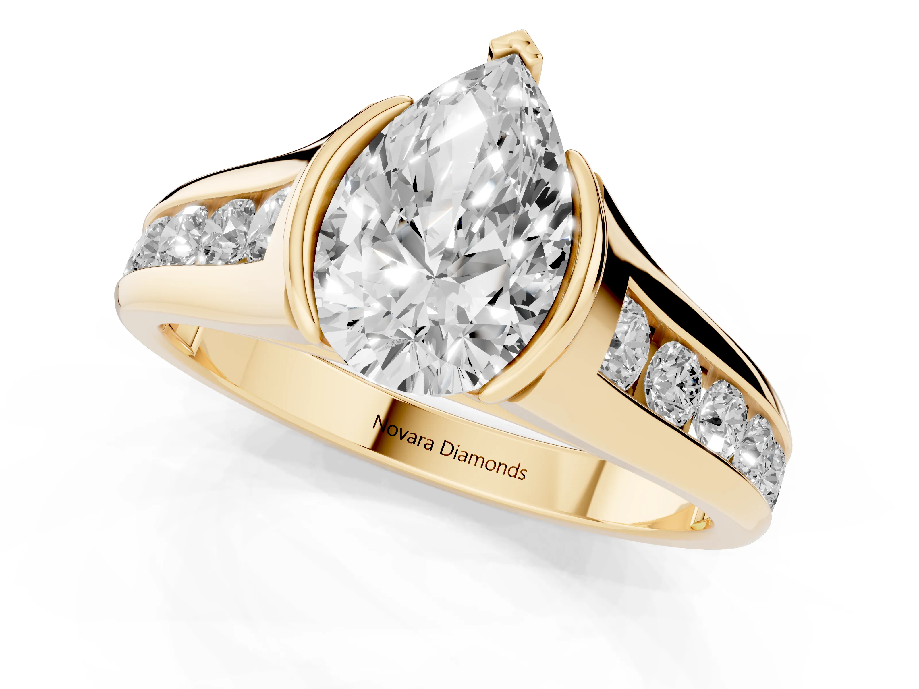 Pear Cut Diamond Bezel-Set Solitaire Ring Set in Yellow gold with Channel-Set Band
