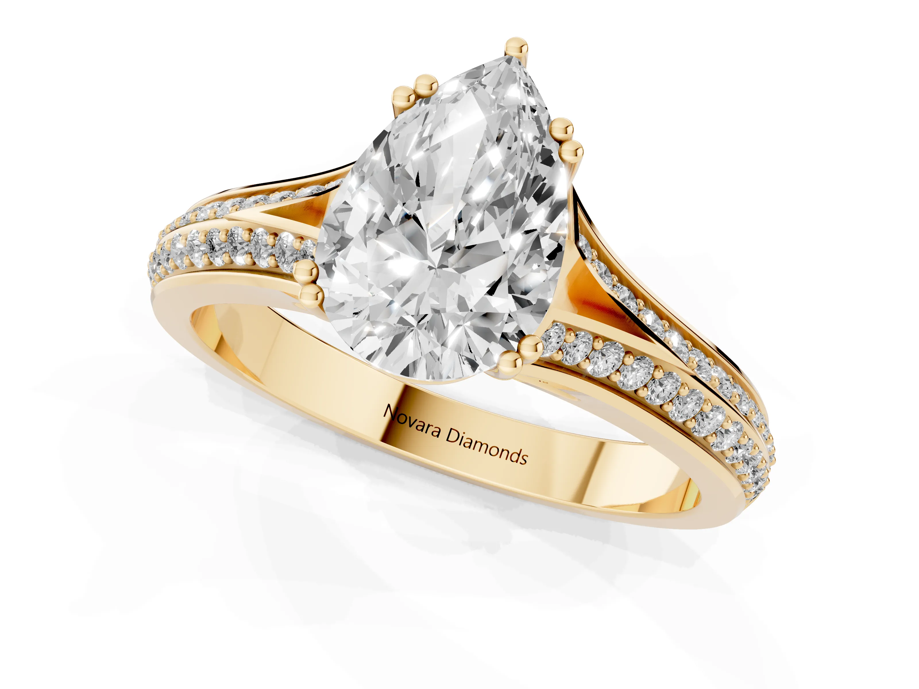 Pear Cut Diamond Split Shank Pavé Engagement Ring Set in Yellow gold with Prong-Set Center Stone