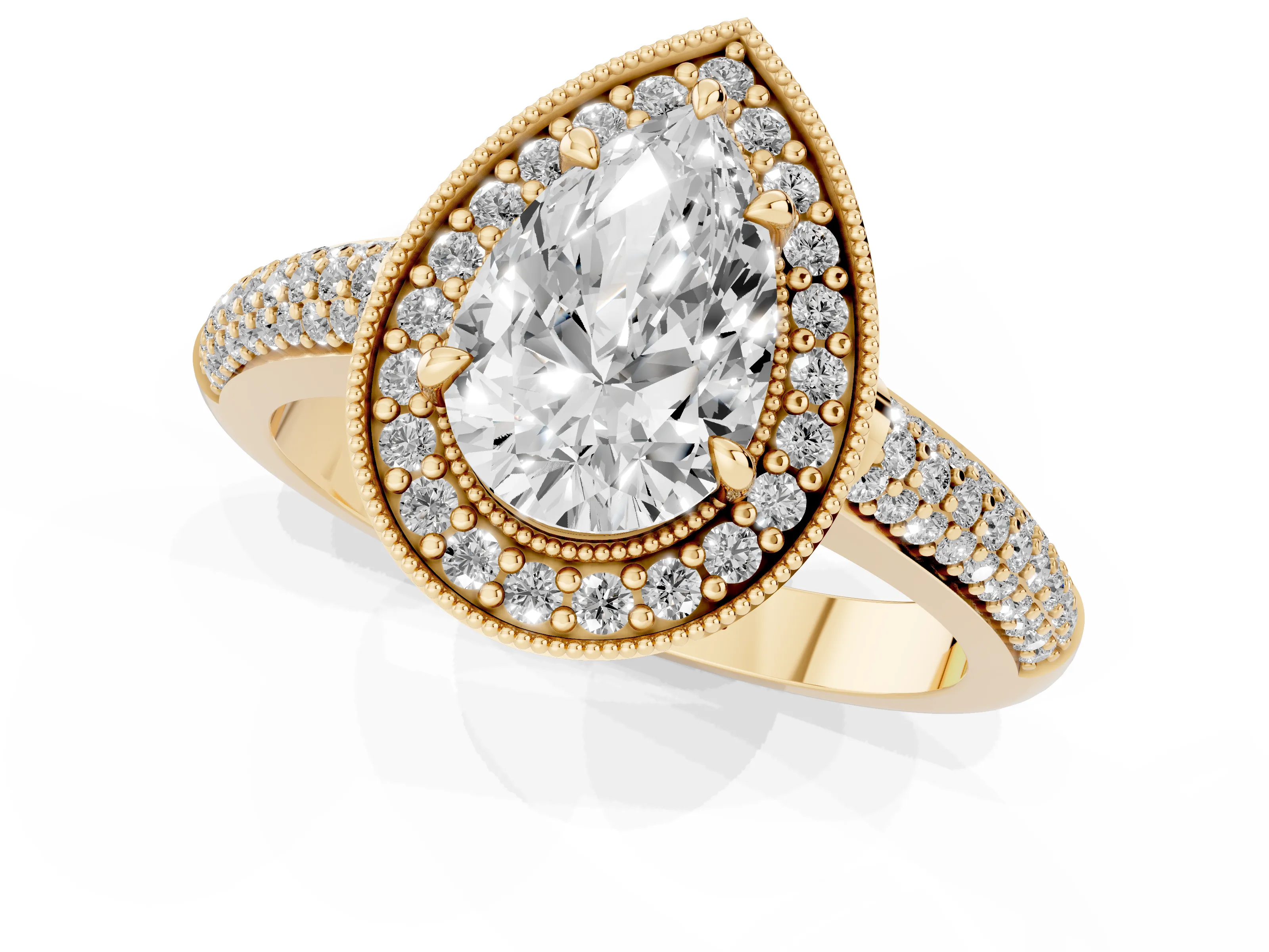 Pear Cut Diamond Halo Pavé Band Set in Yellow gold with Prong Setting