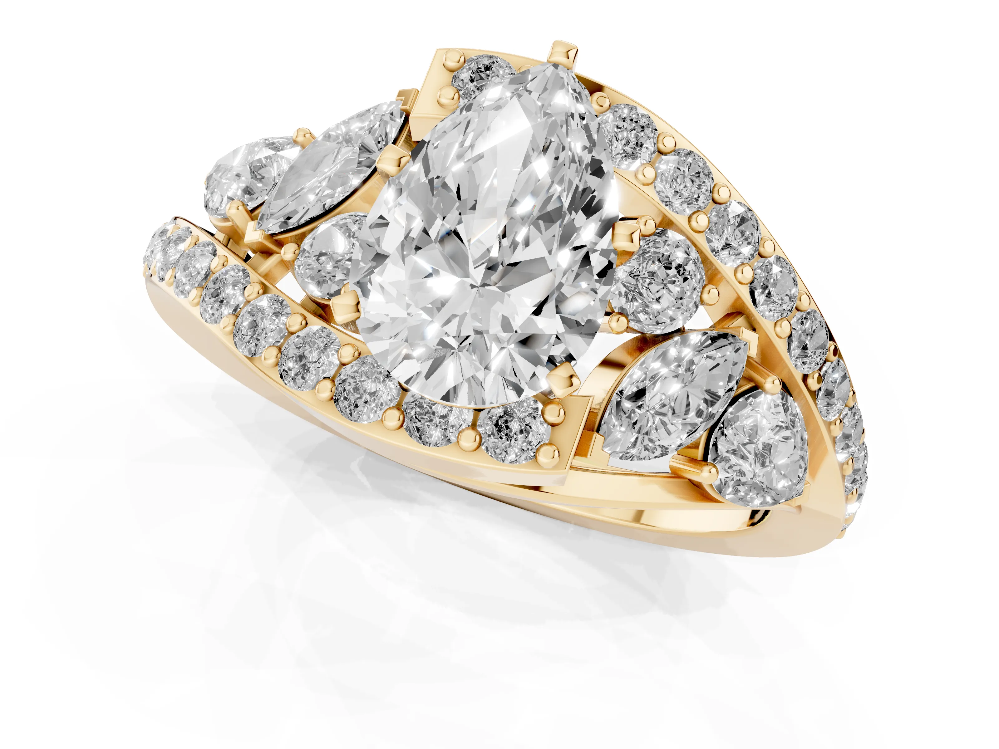 Pear Cut Diamond Halo Ring Set in Yellow gold with Marquise and Pavé Band in Prong Setting