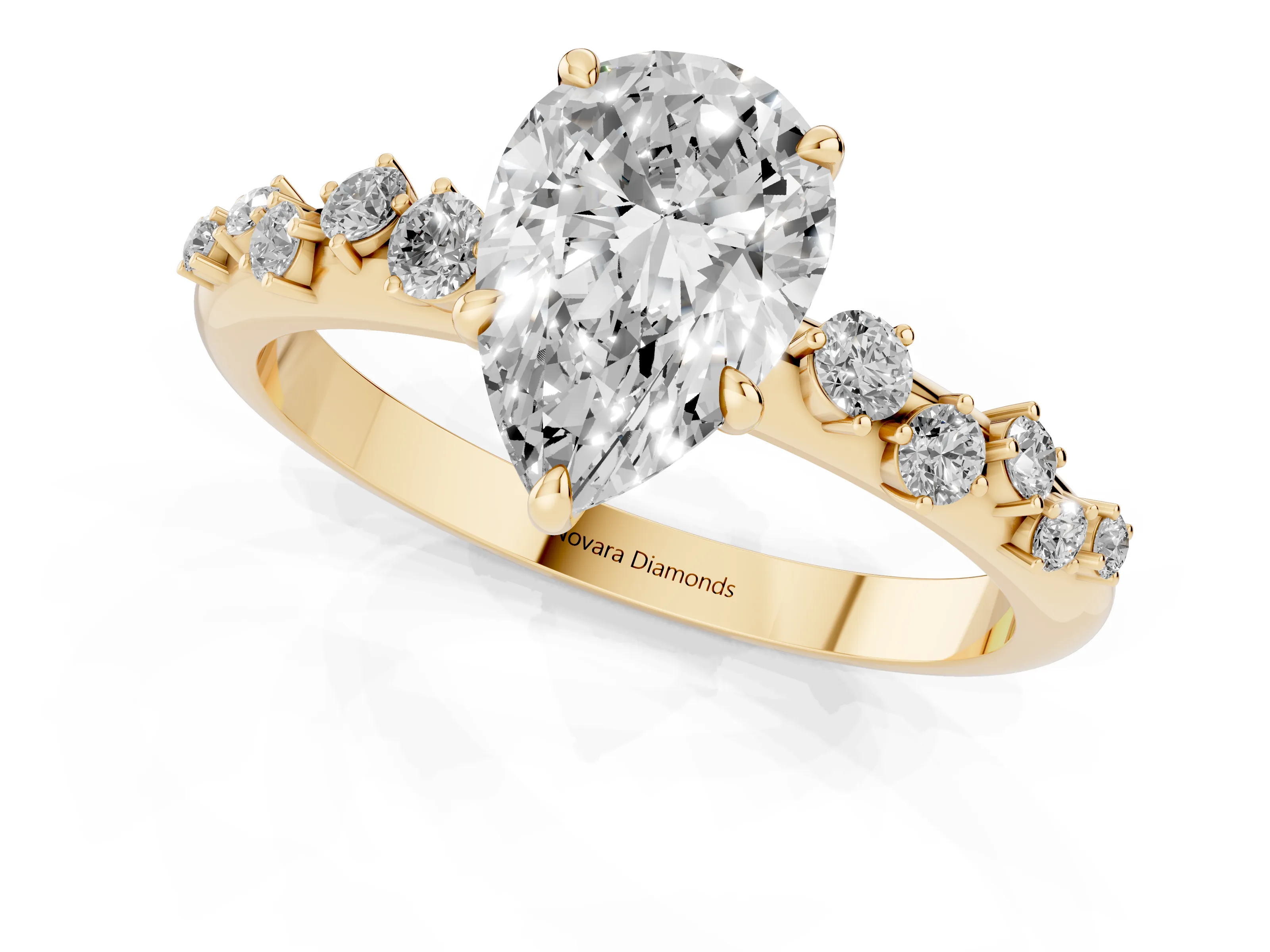Pear Cut Diamond Cluster Solitaire Ring Set in Yellow gold with Prong Setting