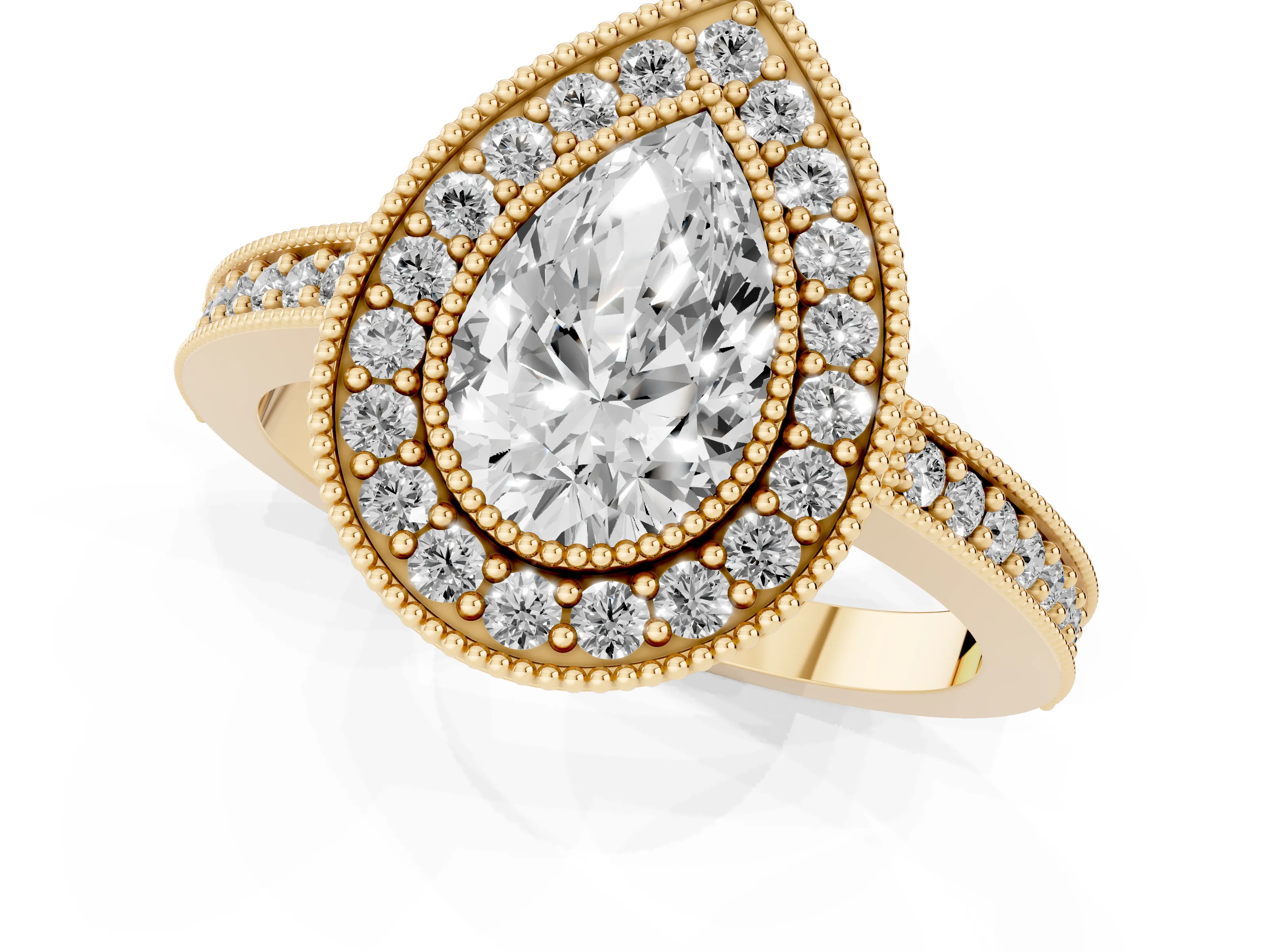 Pear Cut Diamond Halo Engagement Ring Set in Yellow gold with Pavé Band and Round Halo Stones