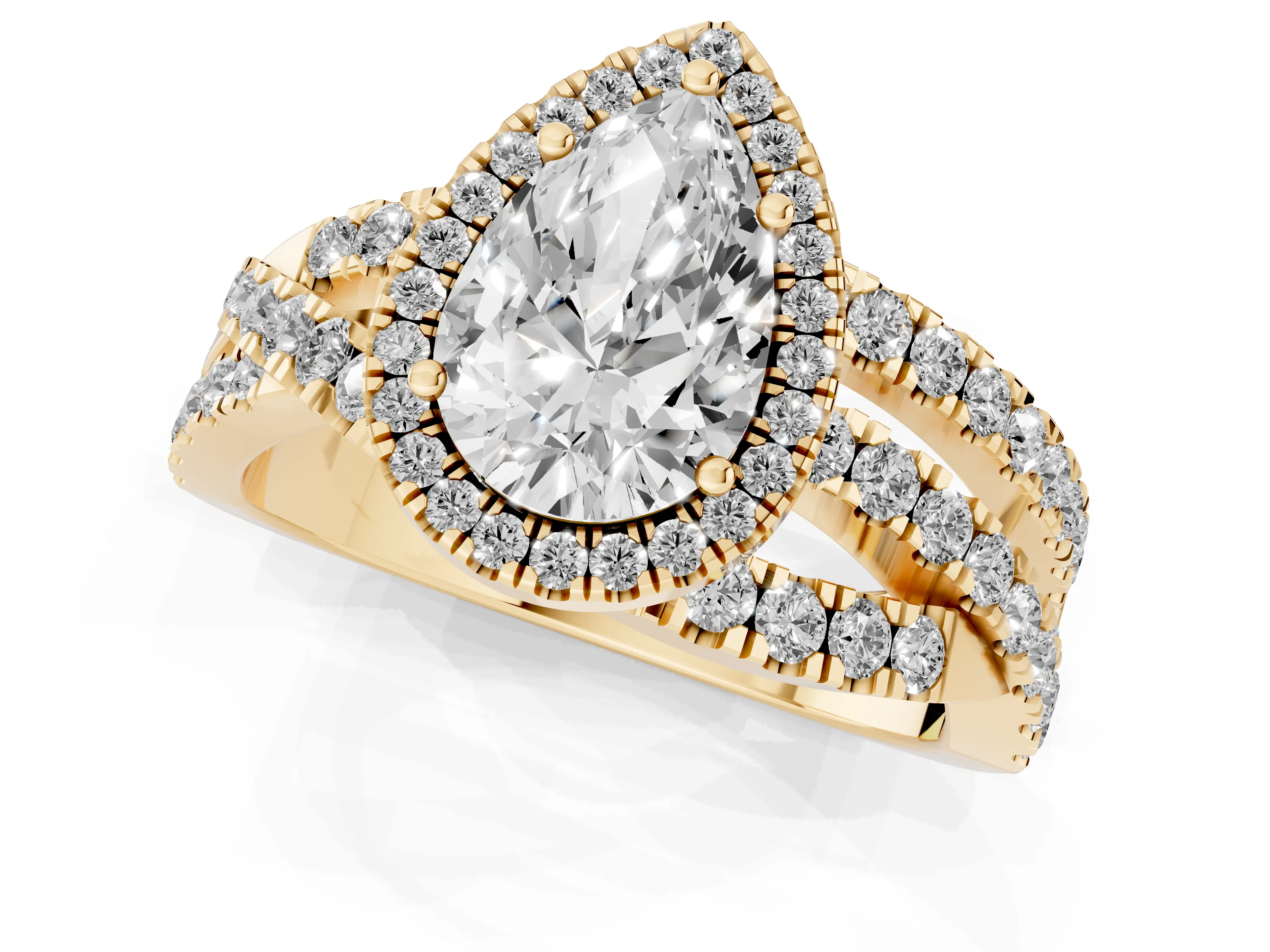 Pear Cut Diamond Halo Ring Set in Yellow gold with Round Crossover Split Shank and Prong Setting