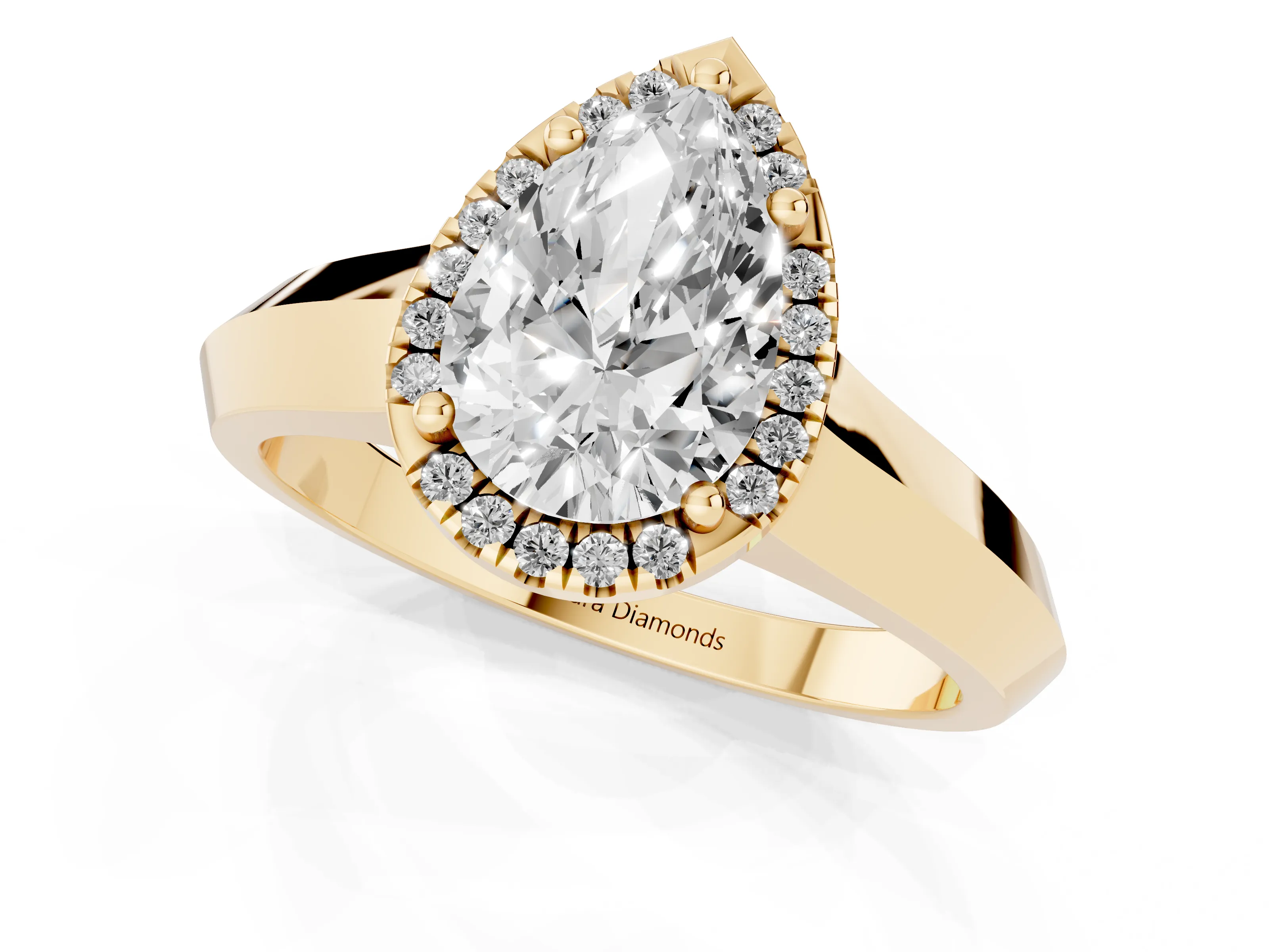 Pear Cut Diamond Halo Ring Set in Yellow gold with Cathedral Band and Prong Setting