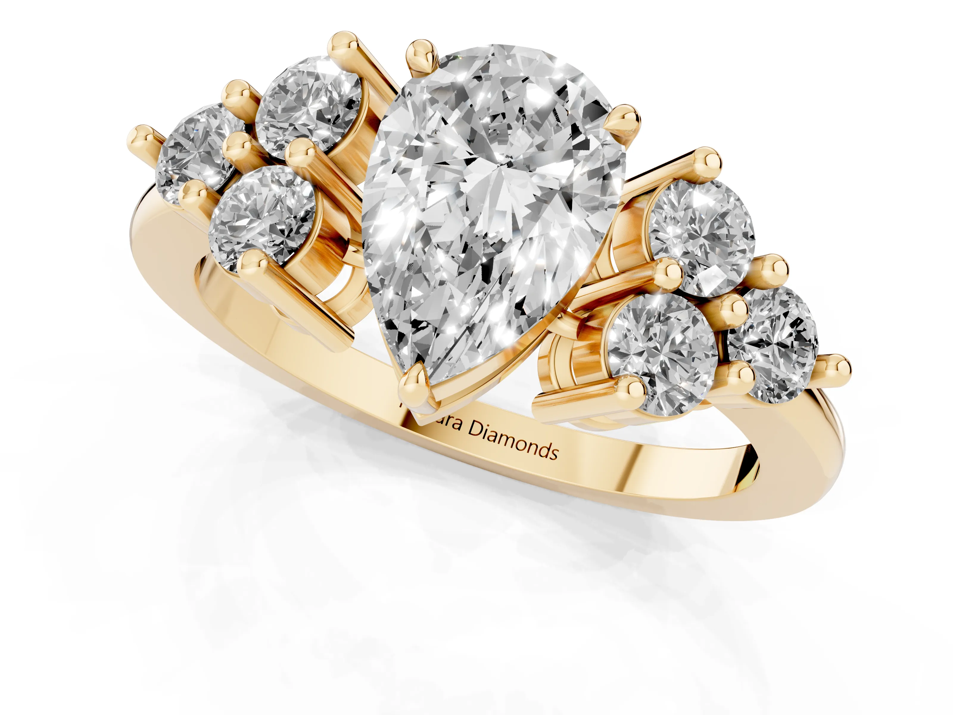 Pear Cut Diamond Solitaire Ring Set in Yellow gold with Cluster Accents on Each Side