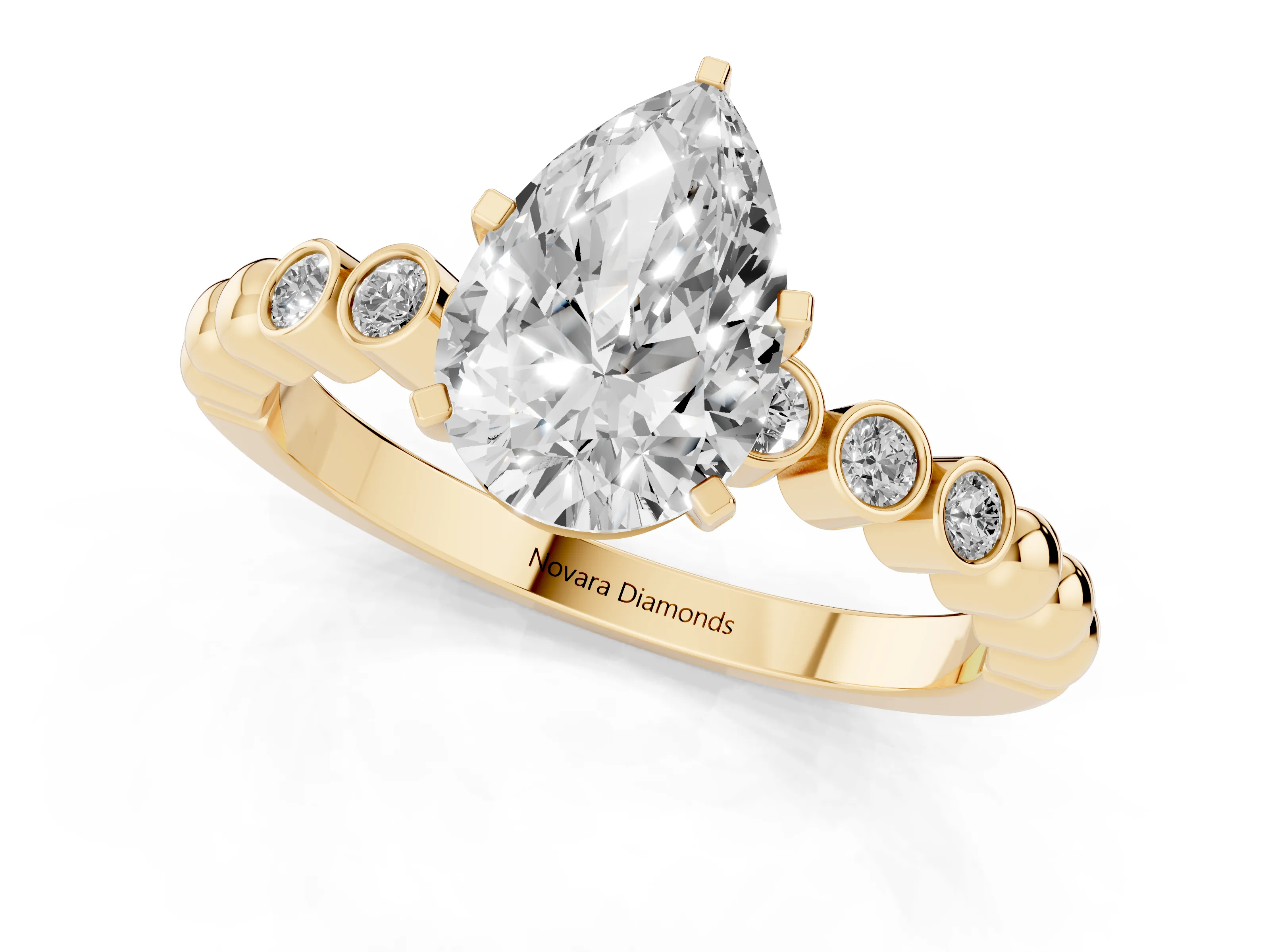 Pear Cut Diamond Solitaire Engagement Ring Set in Yellow gold with Bezel Accents on Beaded Band – second view