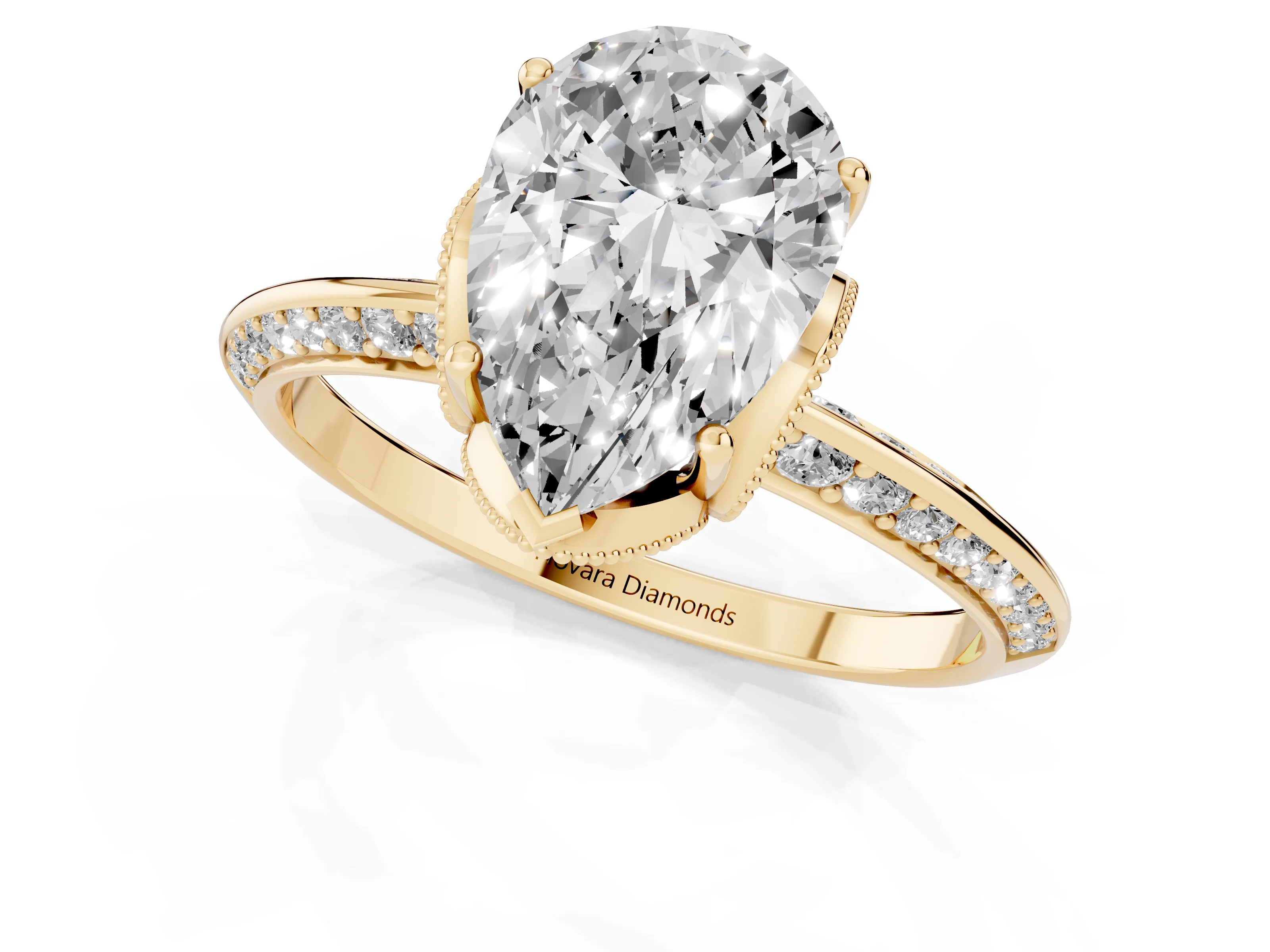 Pear Cut Diamond Solitaire Engagement Ring Set in Yellow gold with Pavé Split Shank and Prong Setting