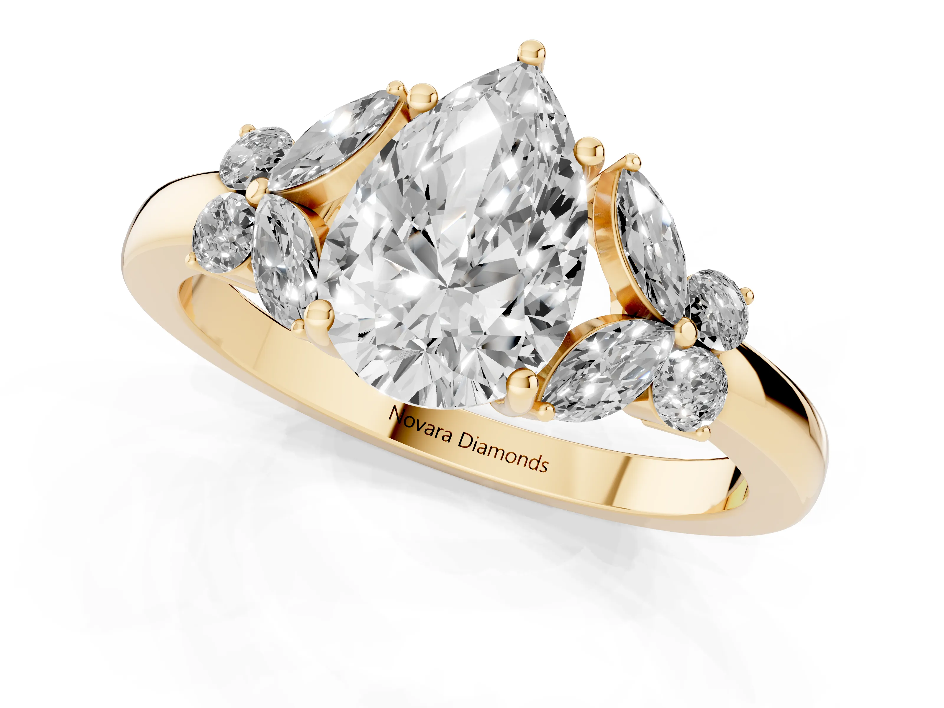 Pear Cut Diamond Solitaire Floral Ring Set in Yellow gold with Marquise Petals and Prong Setting