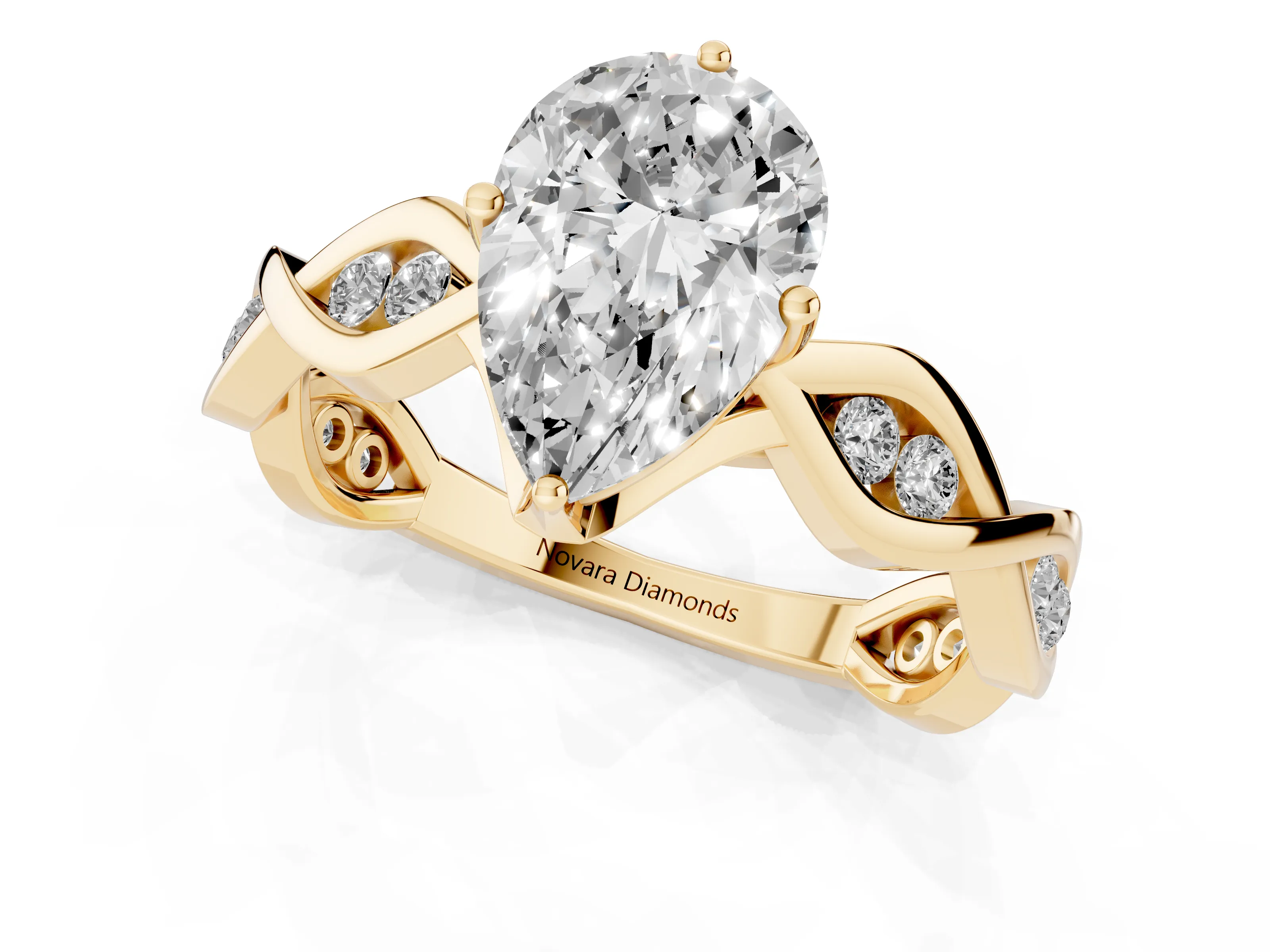 Pear Cut Diamond Twist Band Solitaire Ring Set in Yellow gold with Leaf Prong Setting and Accent Stones