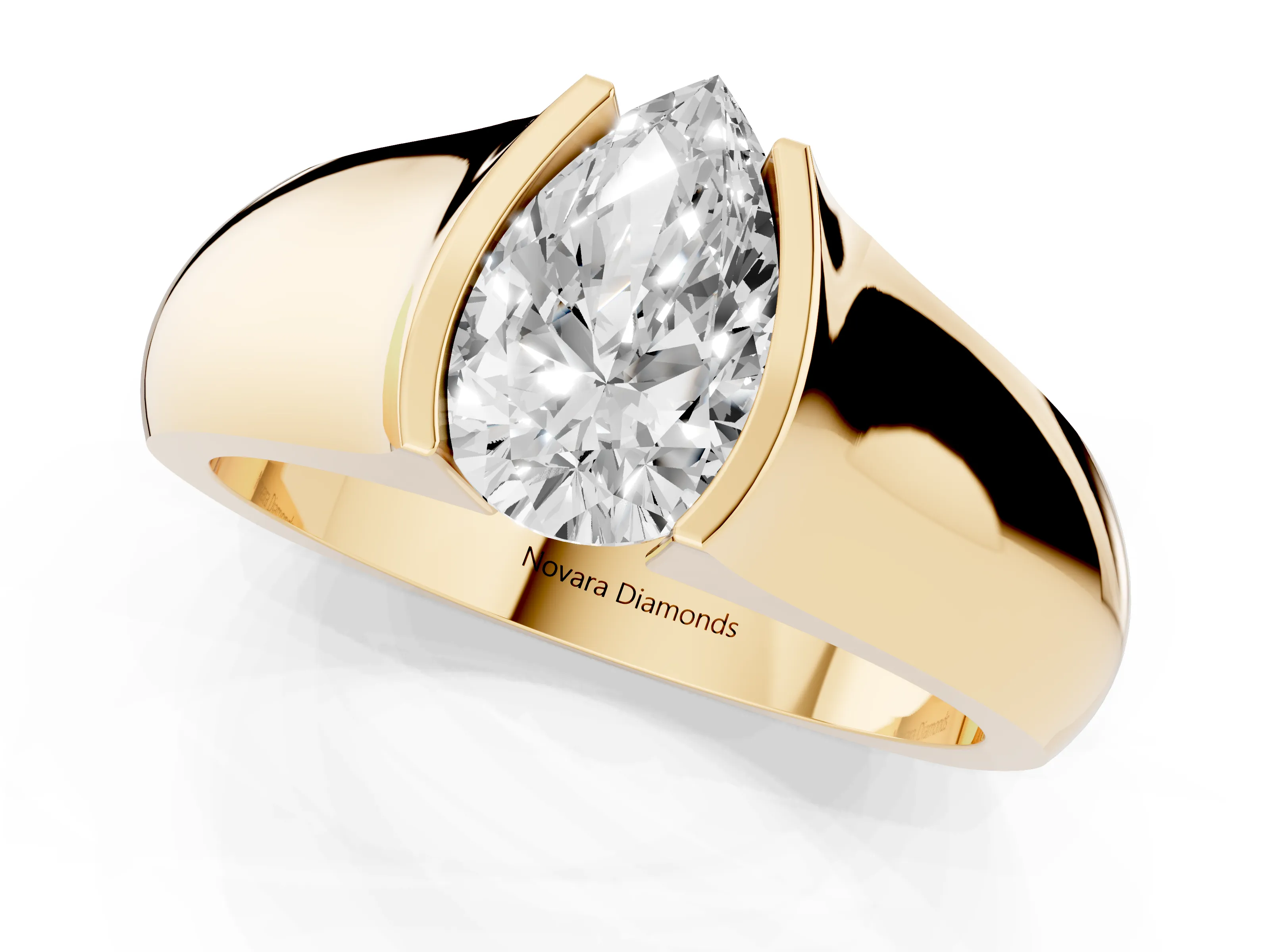 Pear Cut Diamond Bezel Solitaire Ring Set in Yellow gold with Wide Band