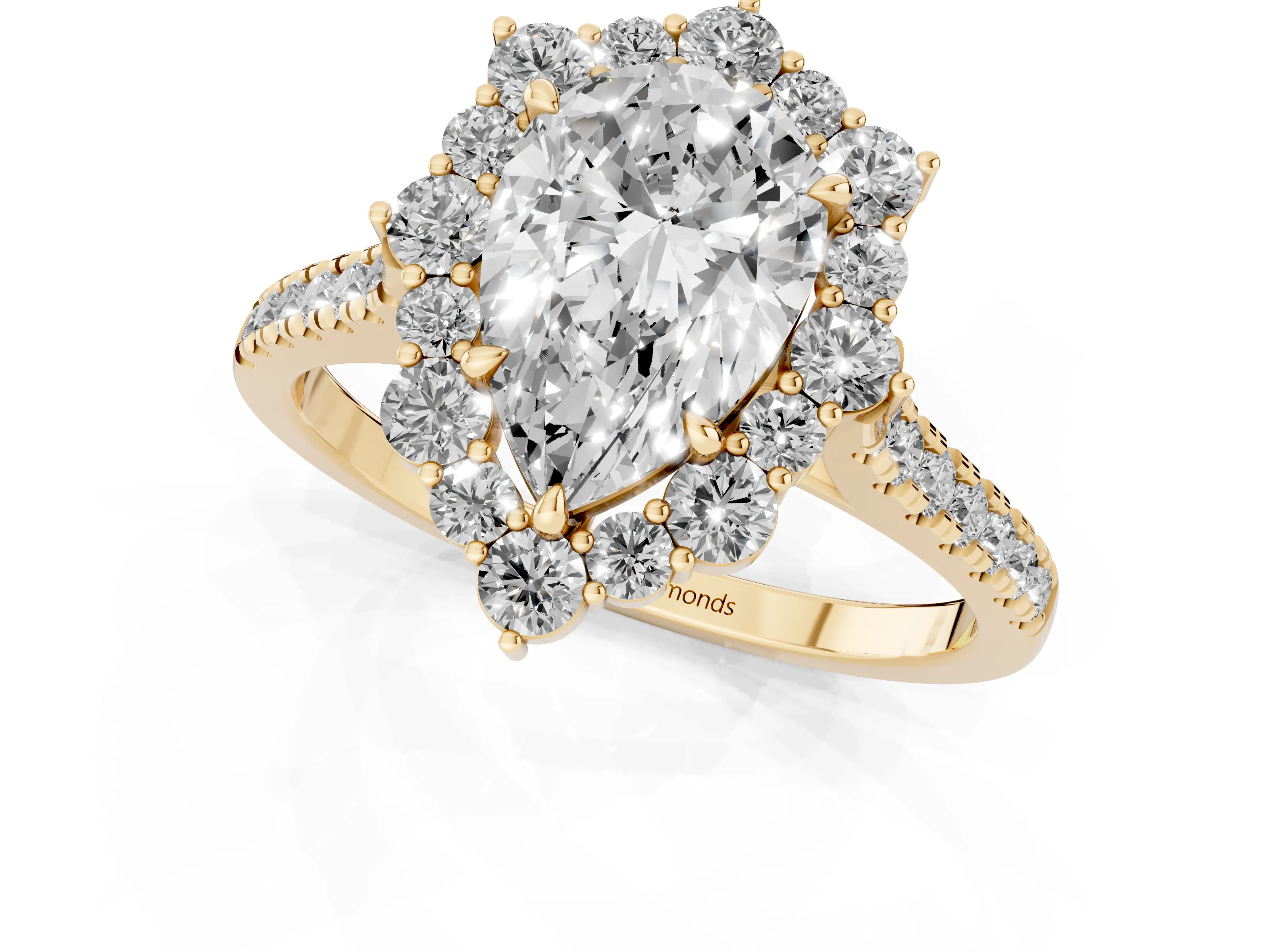 Pear Cut Diamond Halo Ring Set in Yellow gold with Pavé Band and Prong Setting