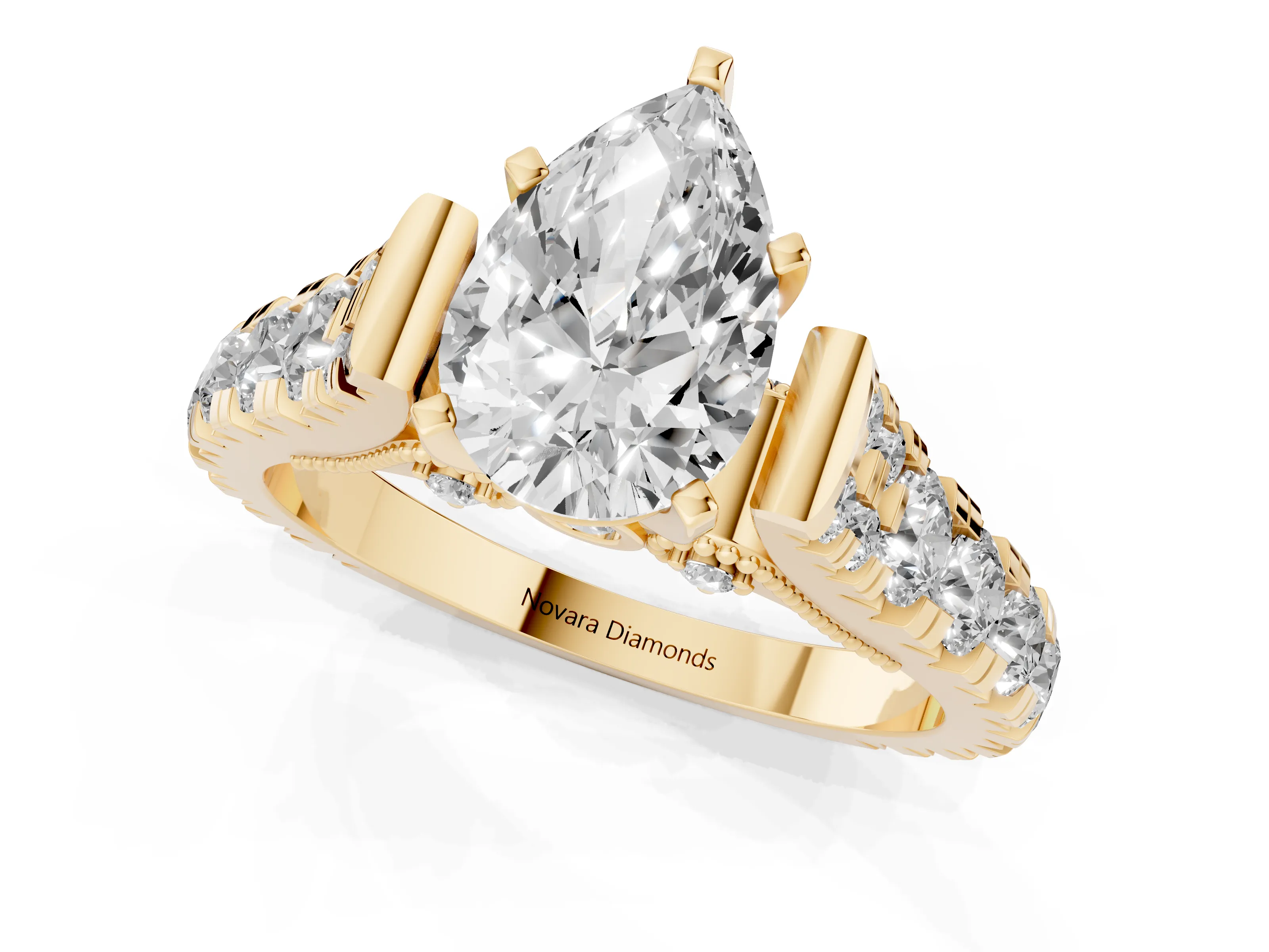 Pear Cut Diamond Classic Solitaire Ring Set in Yellow gold with Pavé Band and Prong Setting