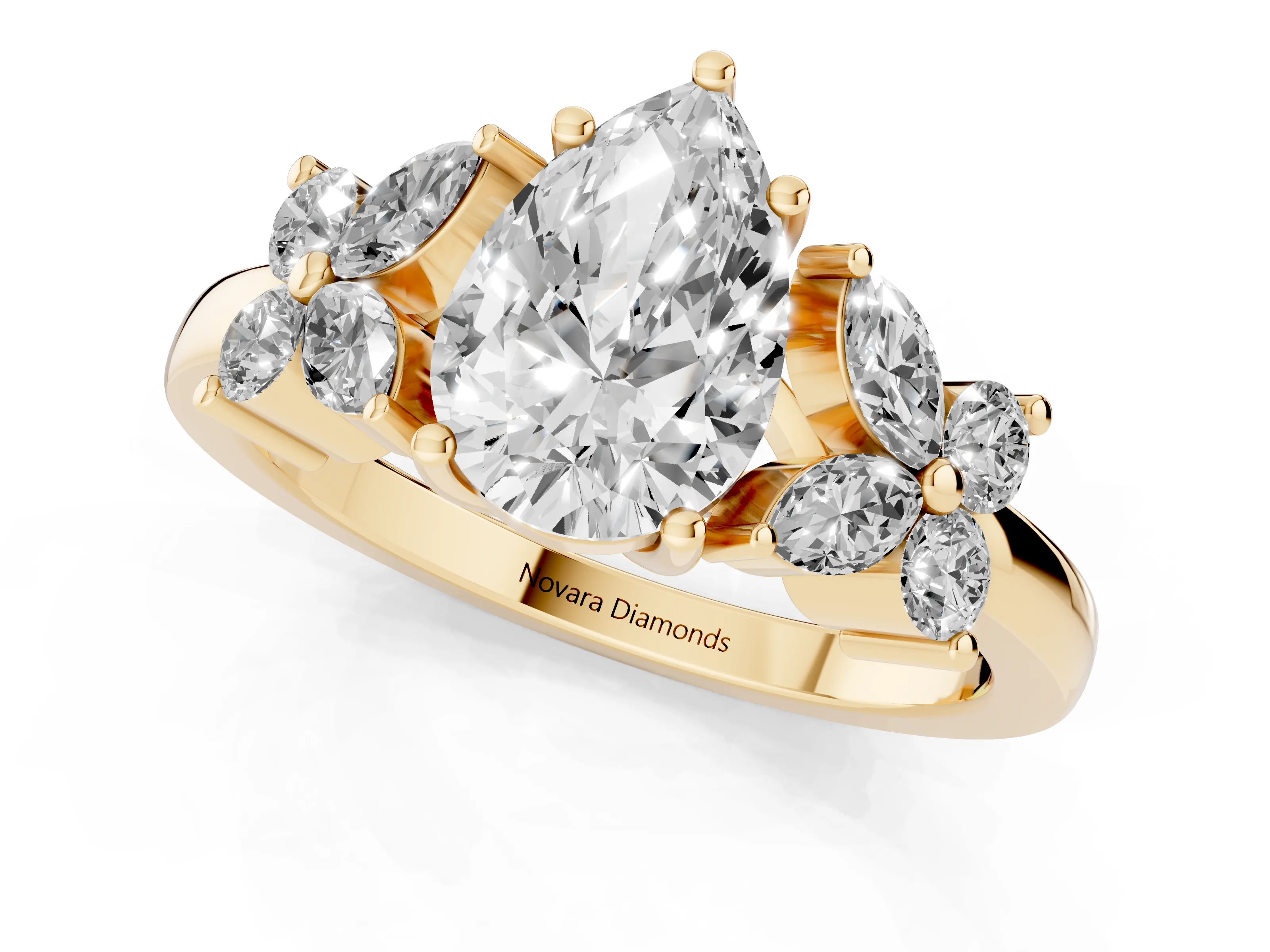 Pear Cut Diamond Floral Cluster Ring Set in Yellow gold with Marquise Petals and Prong Setting