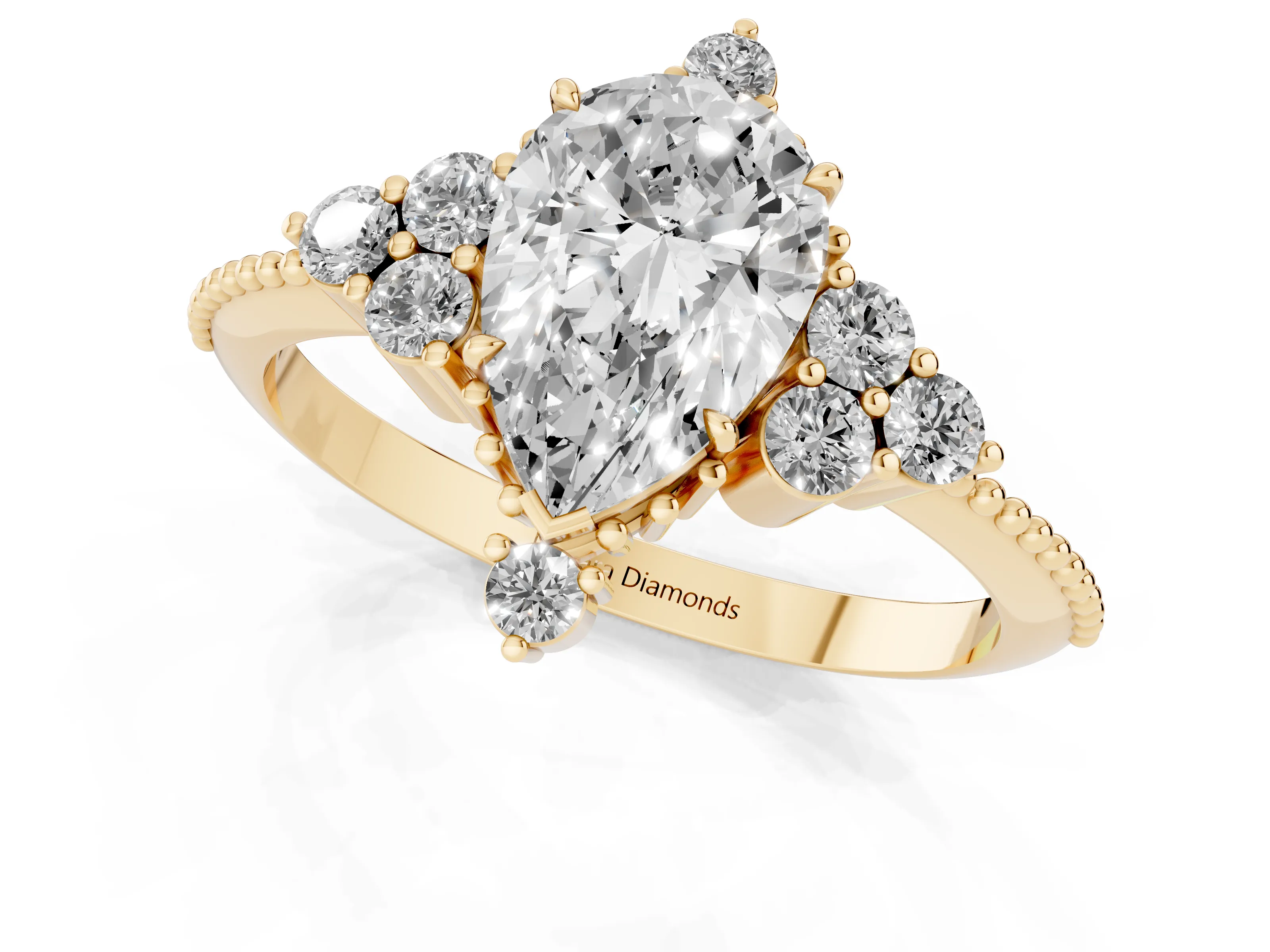 Pear Cut Diamond Cluster Ring Set in Yellow gold with Beaded Band