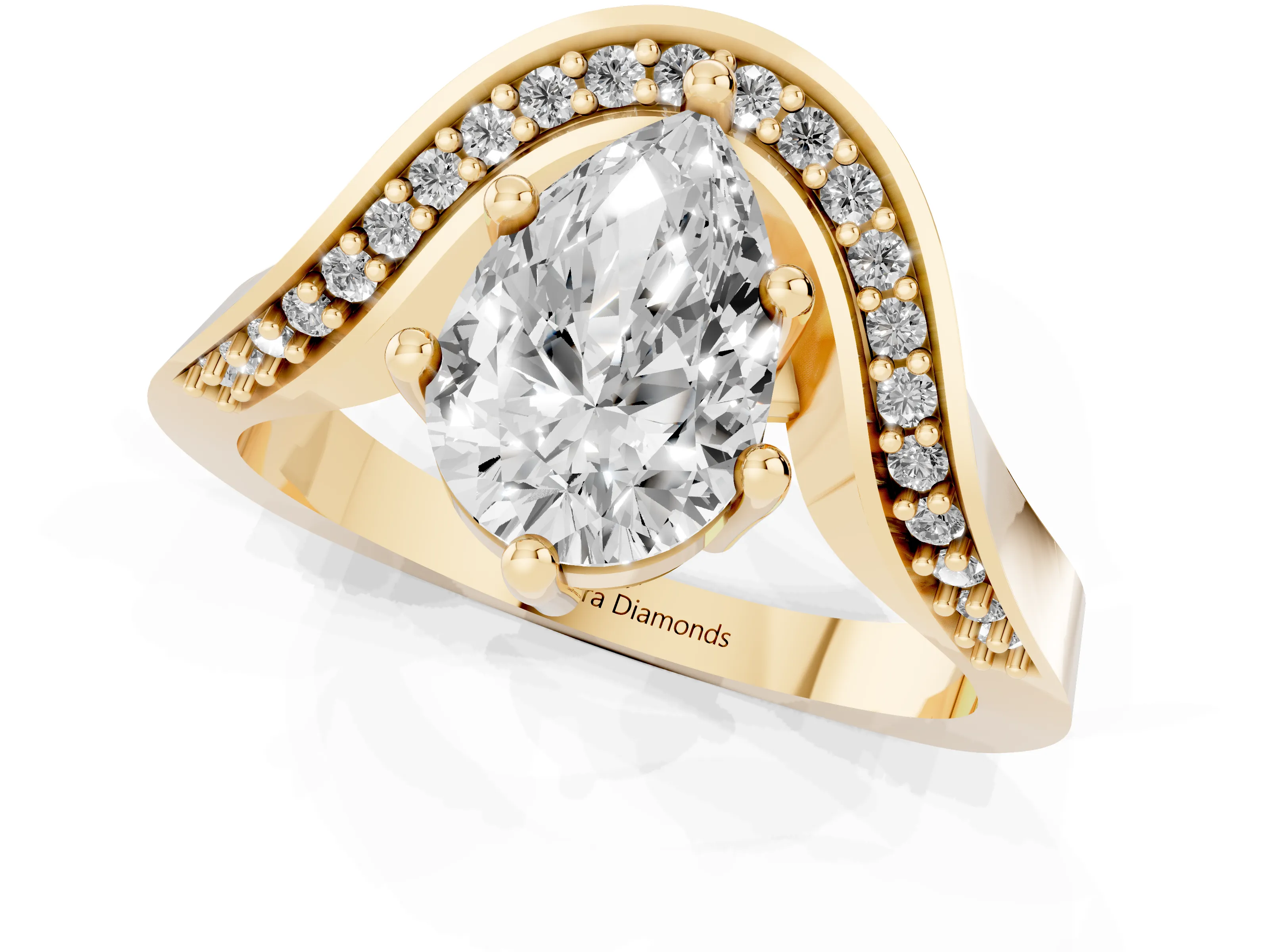 Pear Cut Diamond Solitaire Engagement Ring Set in Yellow gold with Pavé Shoulders