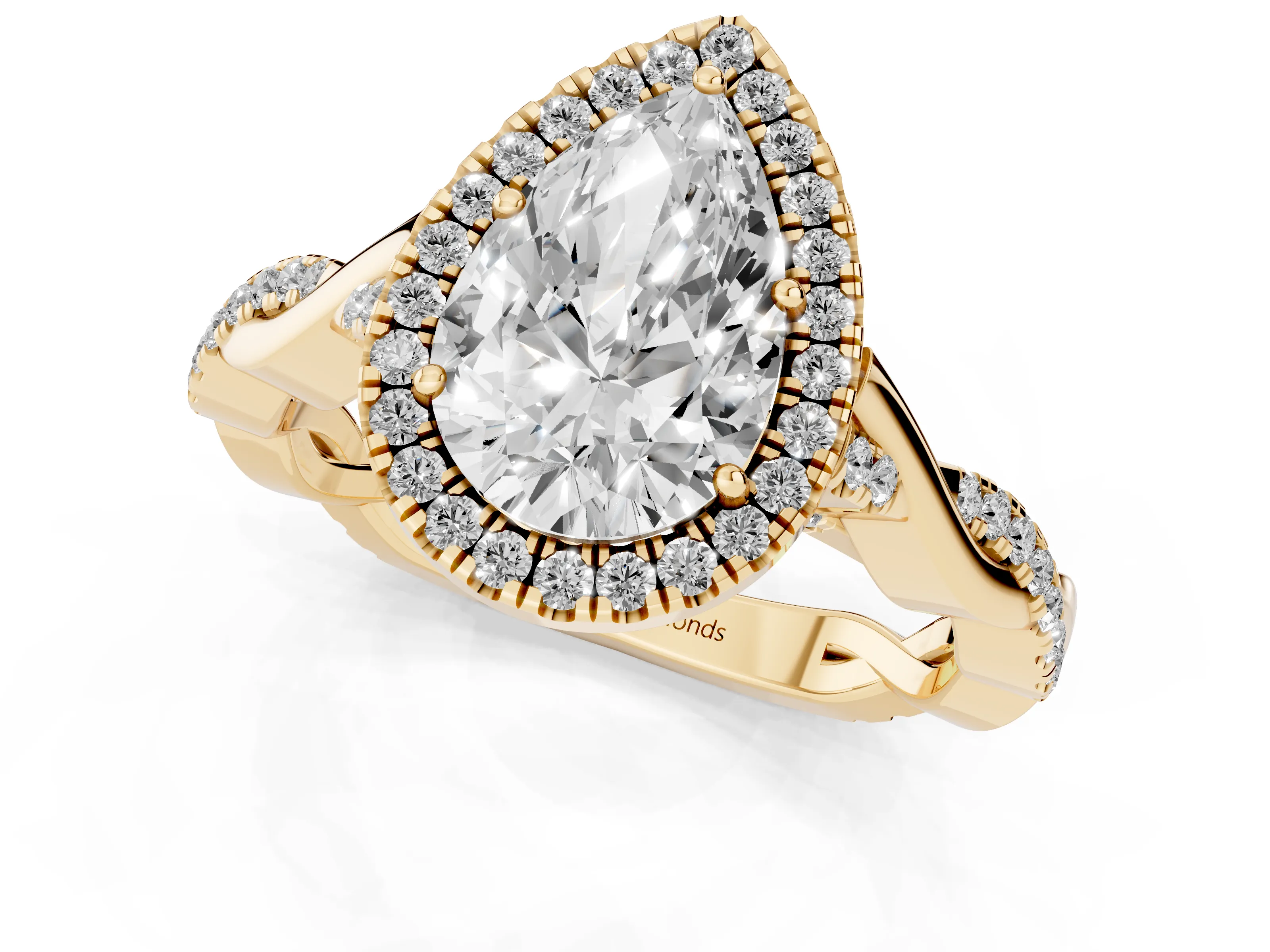 Pear Cut Diamond Halo Twist Band Solitaire Ring Set in Yellow gold with Prong Setting