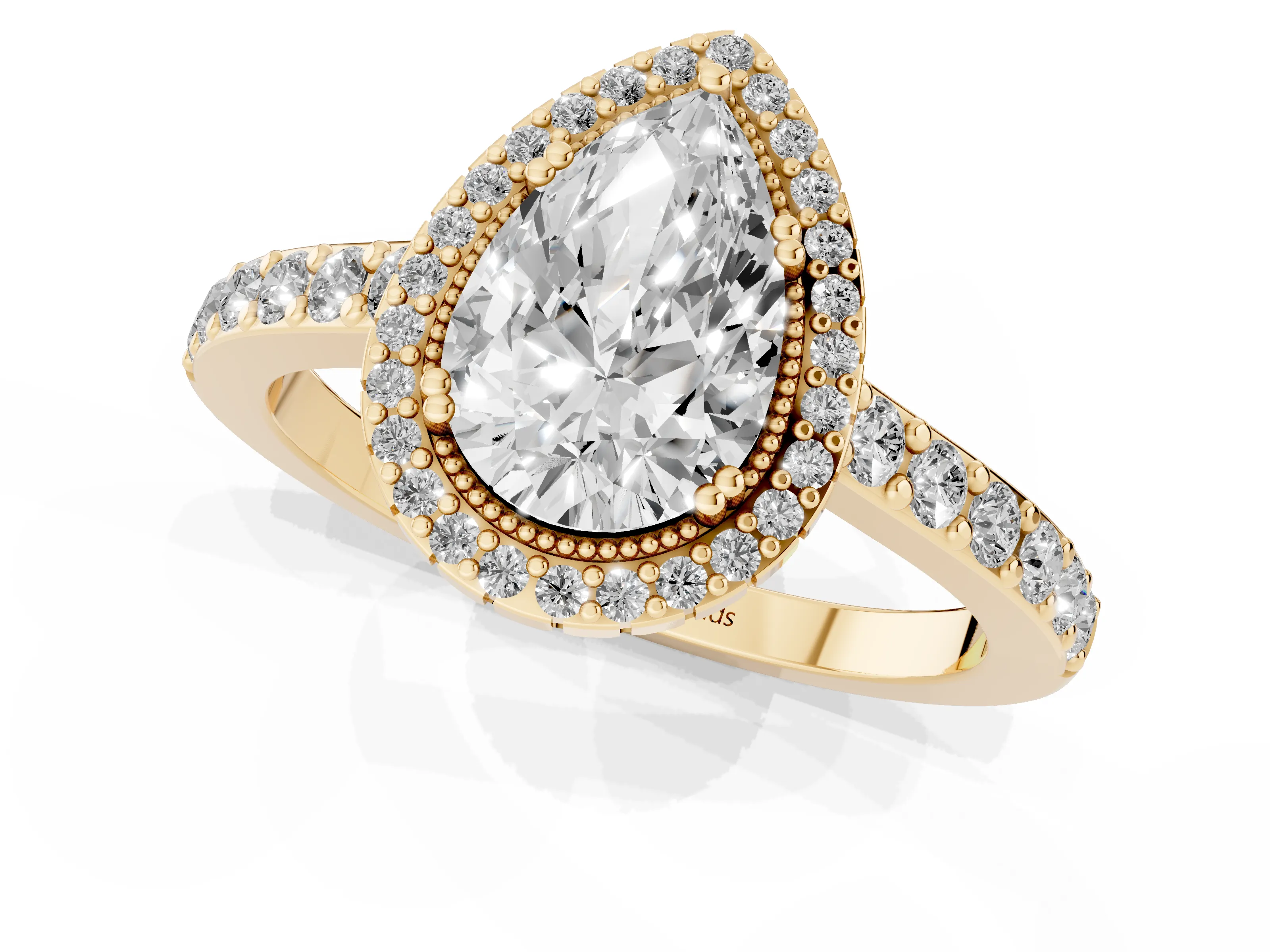 Pear Cut Diamond Halo Engagement Ring Set in Yellow gold with Milgrain Detail and Pavé Band