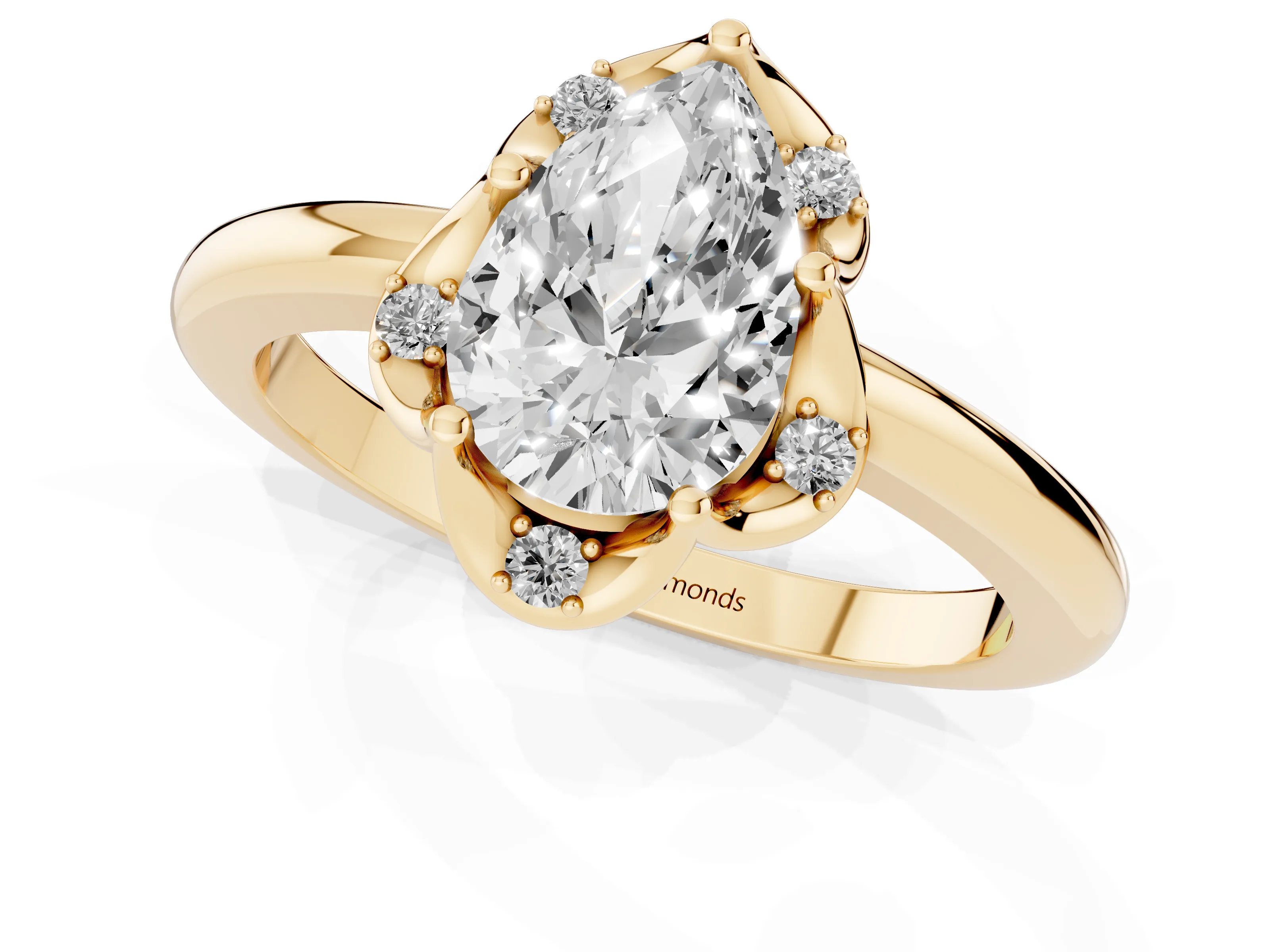 Pear Cut Diamond Round Cluster Halo Ring Set in Yellow gold with Solitaire Band and Prong Setting