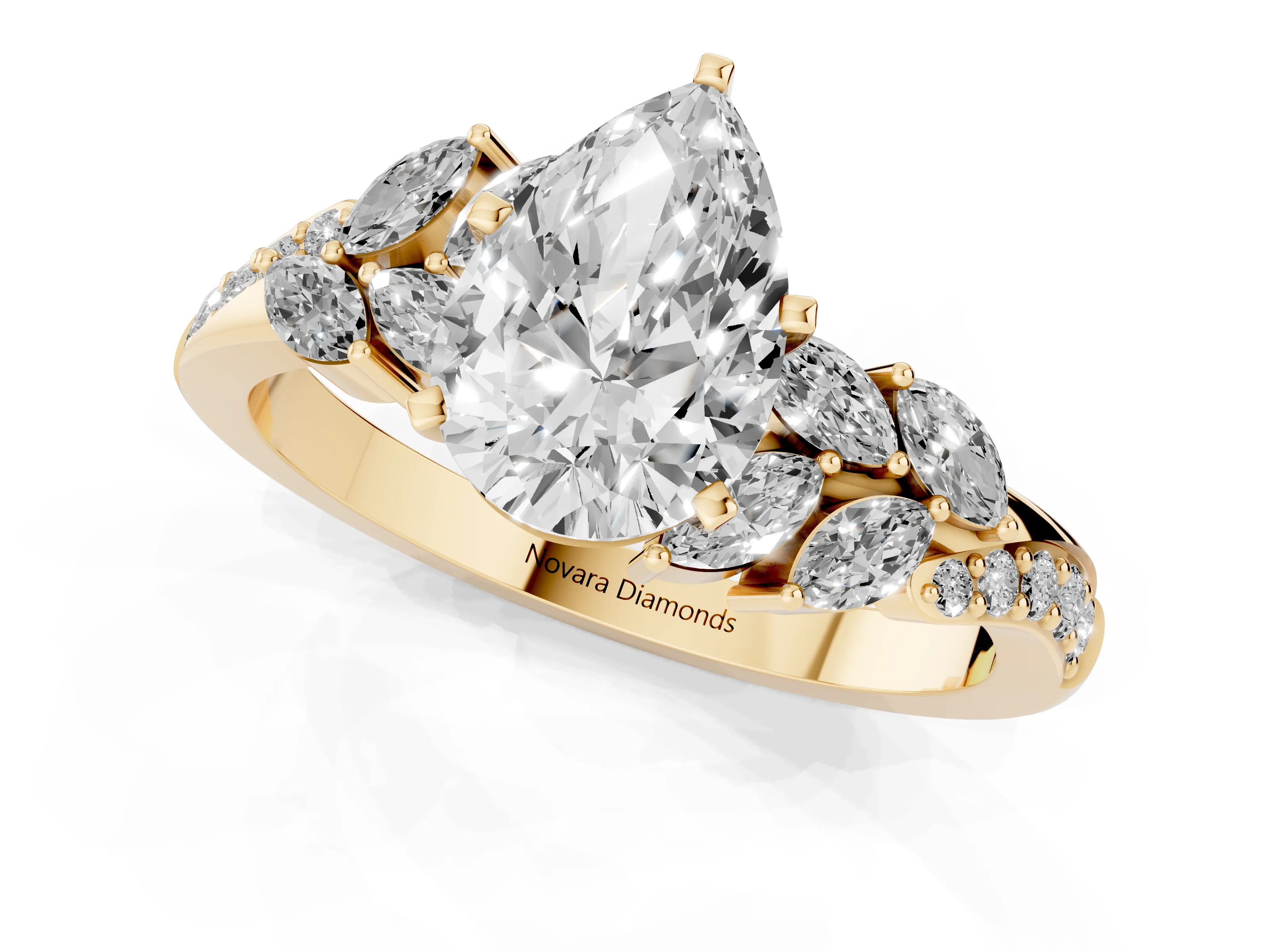 Pear Cut Diamond Solitaire Ring Set in Yellow gold with Marquise Twist Band and Prong Setting