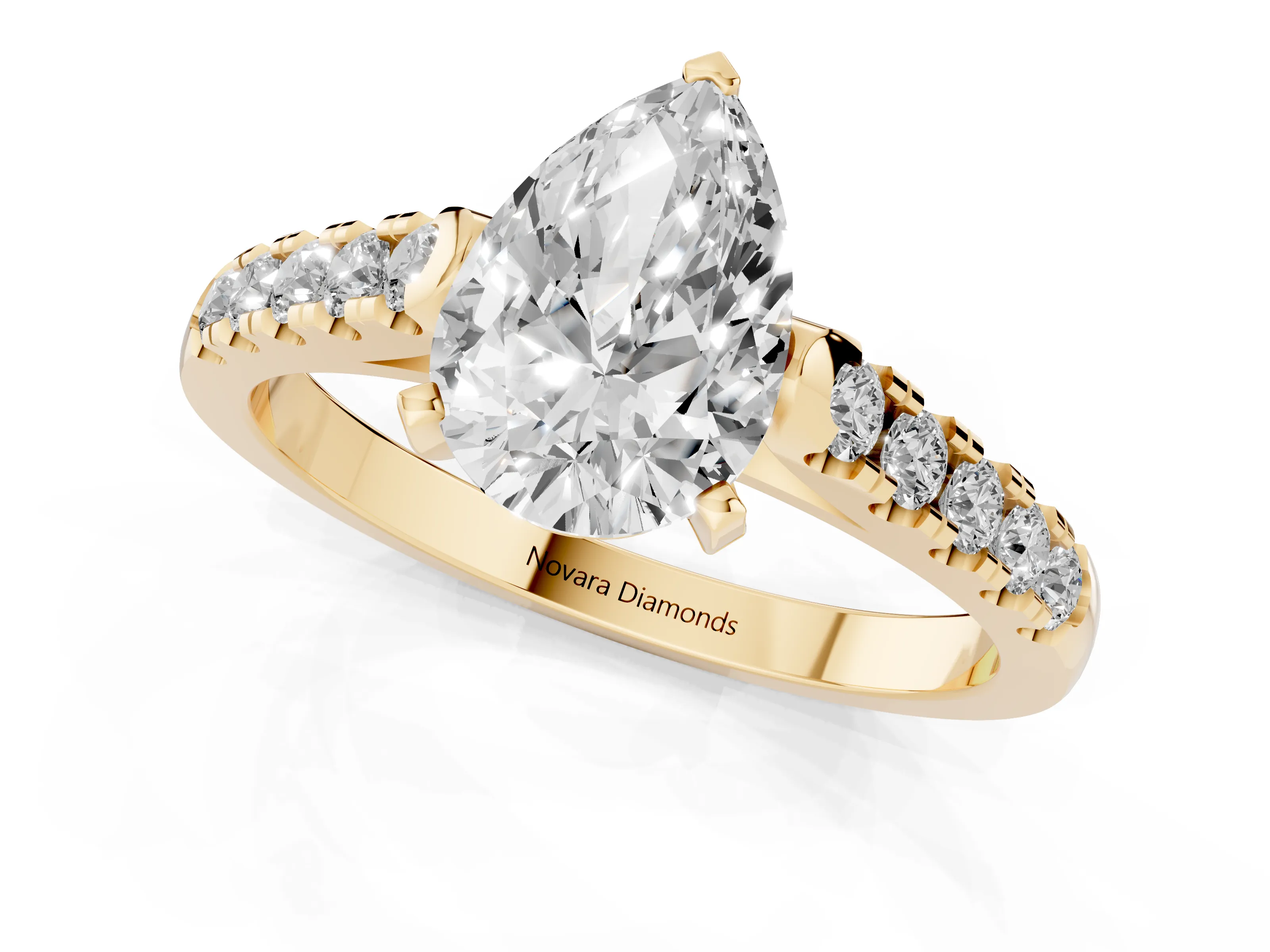 Pear Cut Diamond Pavé Band Solitaire Ring Set in Yellow gold with Partway Accent Stones and Prong Setting