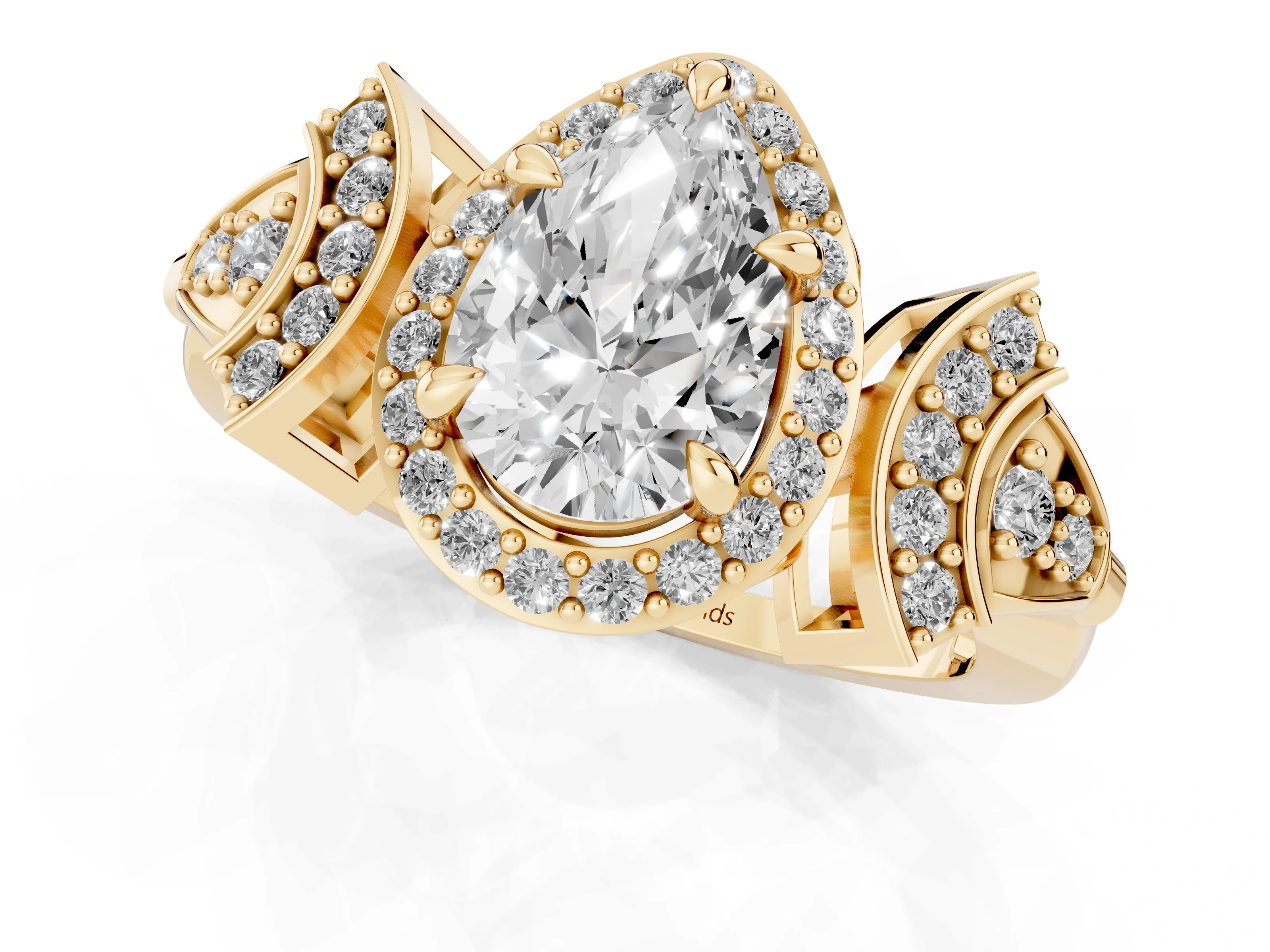 Pear Cut Diamond Halo Engagement Ring Set in Yellow gold with Accent Stone Split Shank – second view