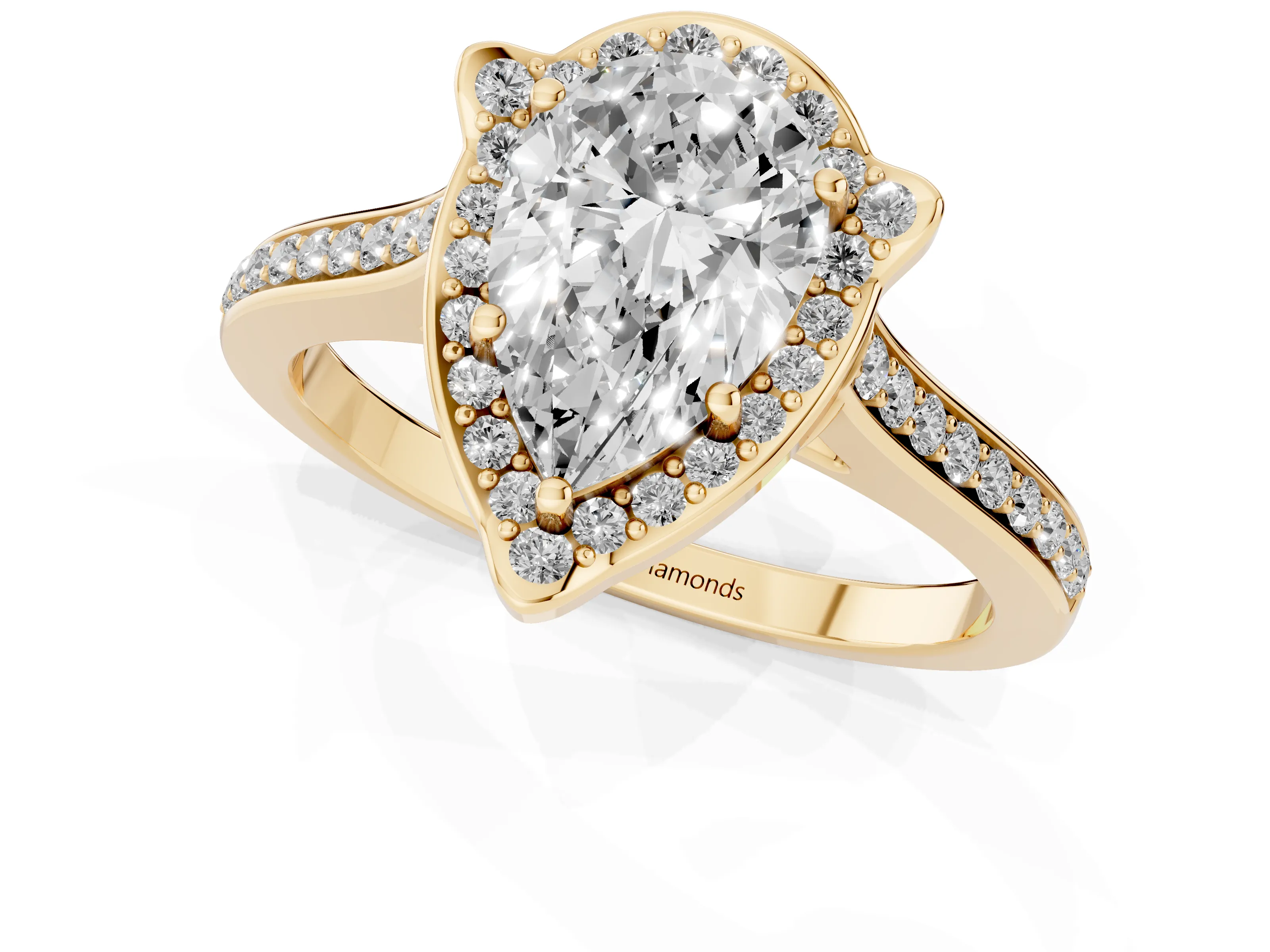 Pear Cut Diamond Halo Ring Set in Yellow gold with Pavé-Lined Shoulders and Prong Setting